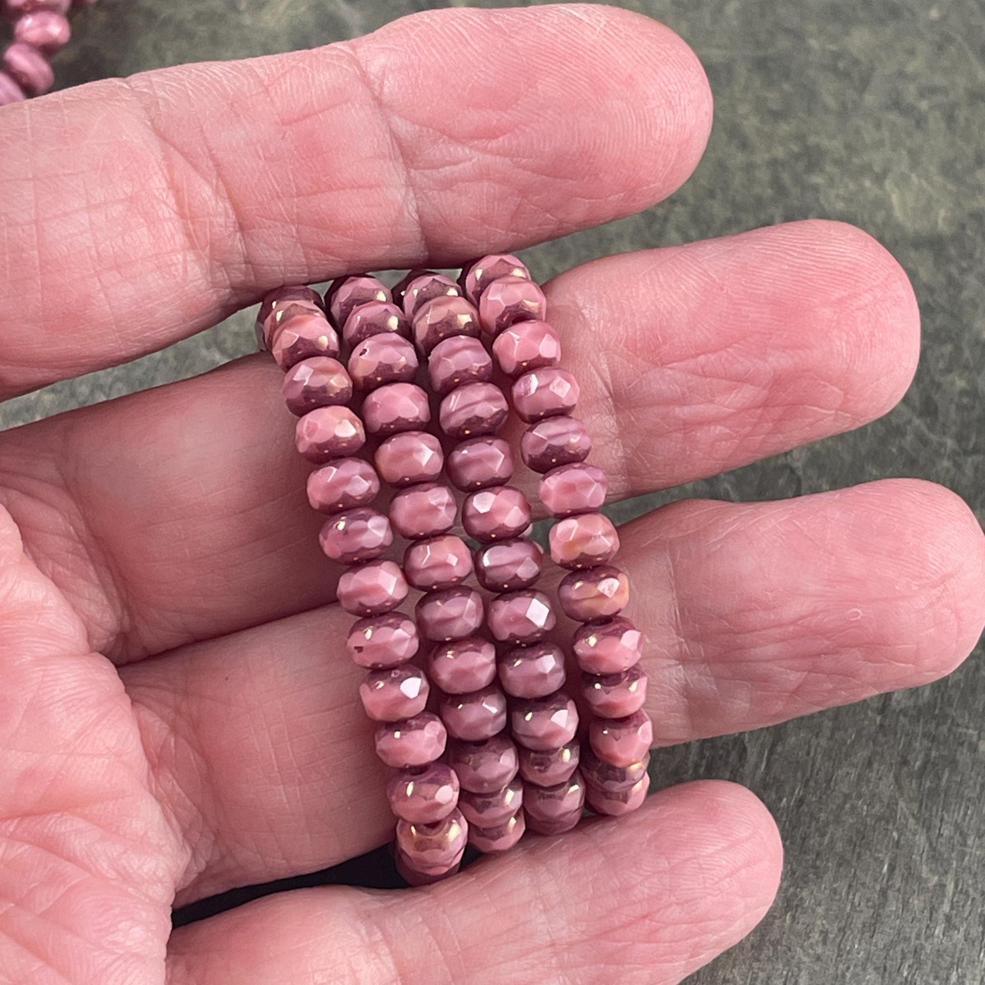 Czech Glass Beads - 5x3mm Faceted Rondelle, Dusty Pink Silk with Bronze Picasso (R5/RJ-2816) * Qty. 30