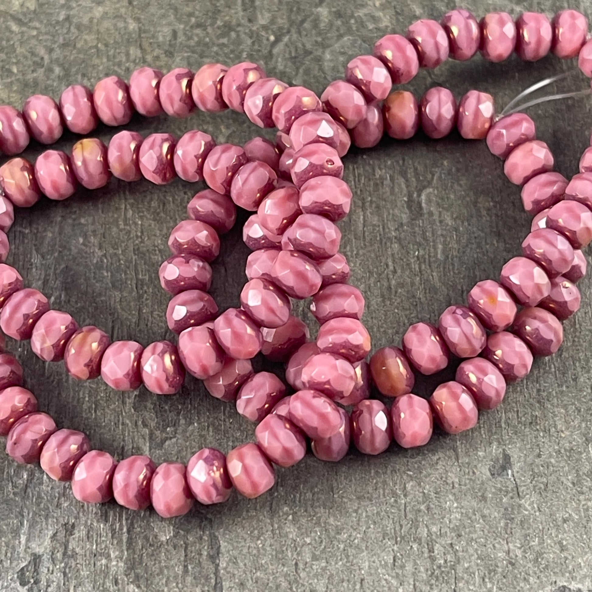 Czech Glass Beads - 5x3mm Faceted Rondelle, Dusty Pink Silk with Bronze Picasso (R5/RJ-2816) * Qty. 30
