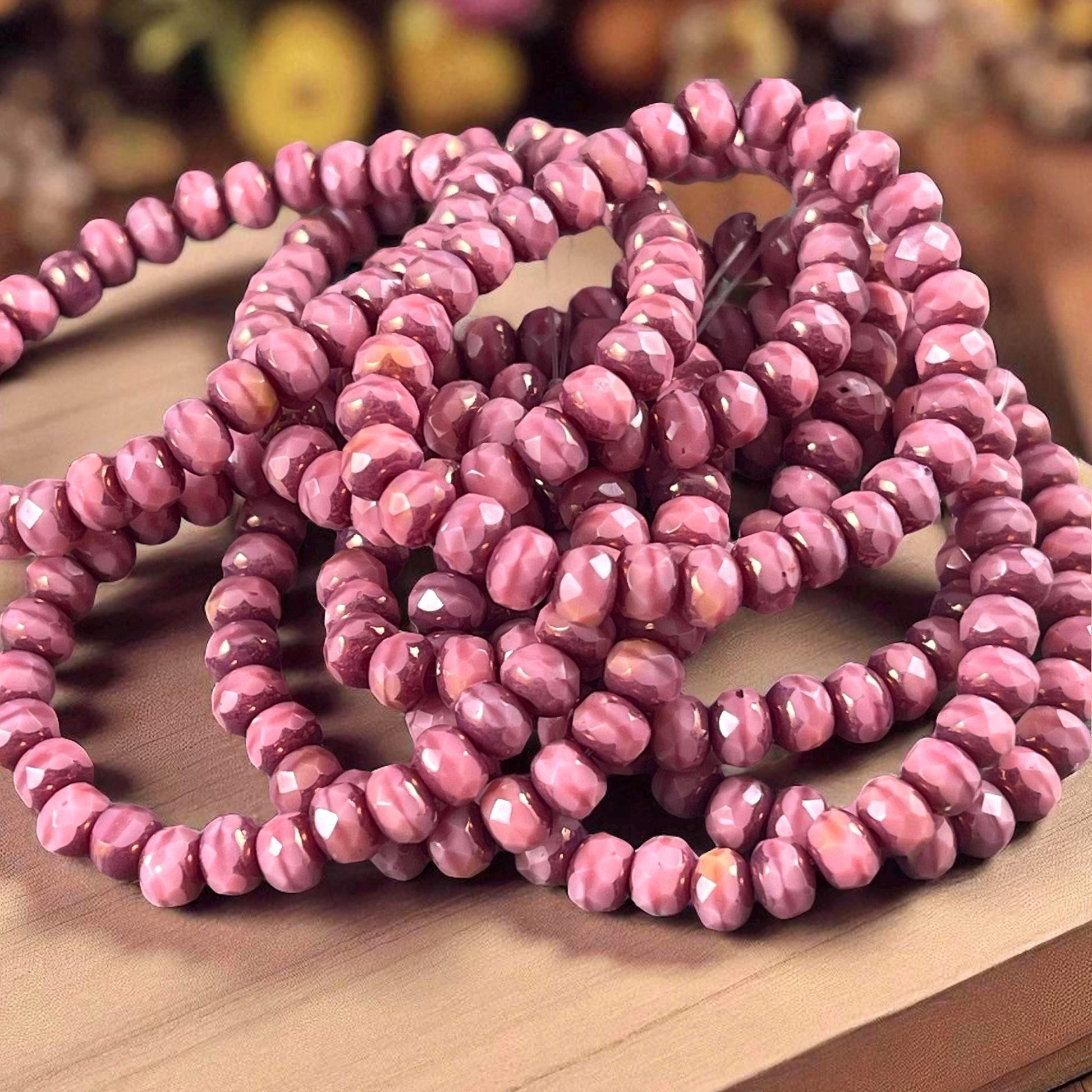 Czech Glass Beads - 5x3mm Faceted Rondelle, Dusty Pink Silk with Bronze Picasso (R5/RJ-2816) * Qty. 30
