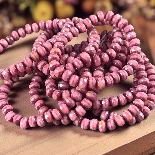 Czech Glass Beads - 5x3mm Faceted Rondelle, Dusty Pink Silk with Bronze Picasso (R5/RJ-2816) * Qty. 30