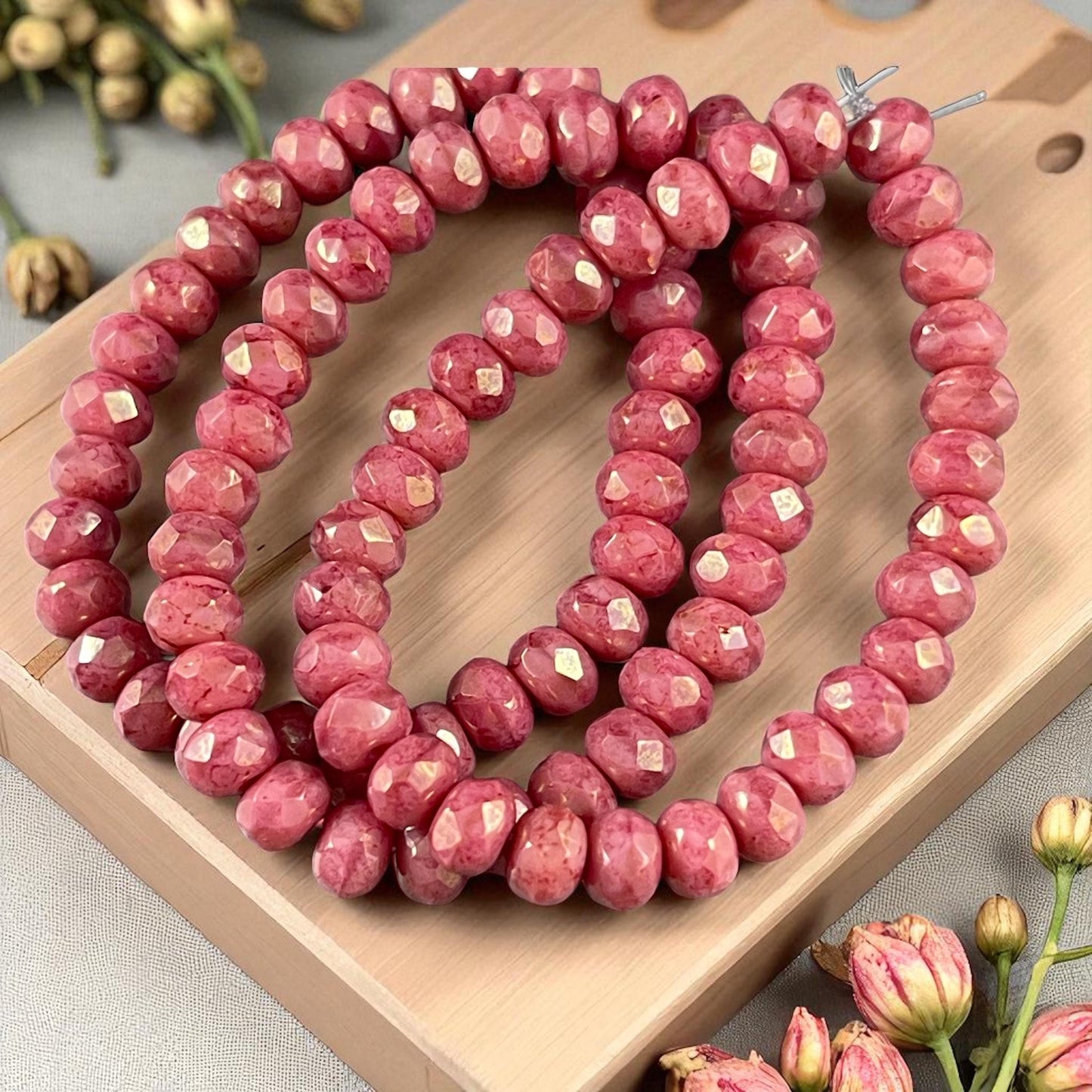 Czech Glass Beads - 5x3mm Faceted Rondelle, Salmon Pink with Golden Luster (R5/RJ-2847) * Qty. 30