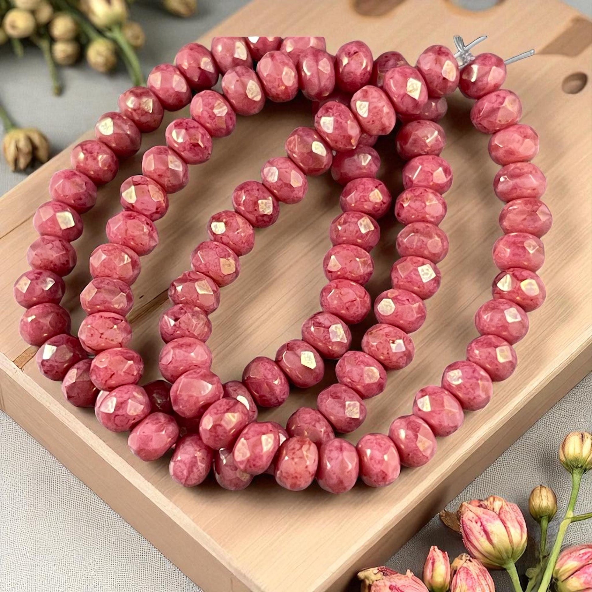 Czech Glass Beads - 5x3mm Faceted Rondelle, Salmon Pink with Golden Luster (R5/RJ-2847) * Qty. 30