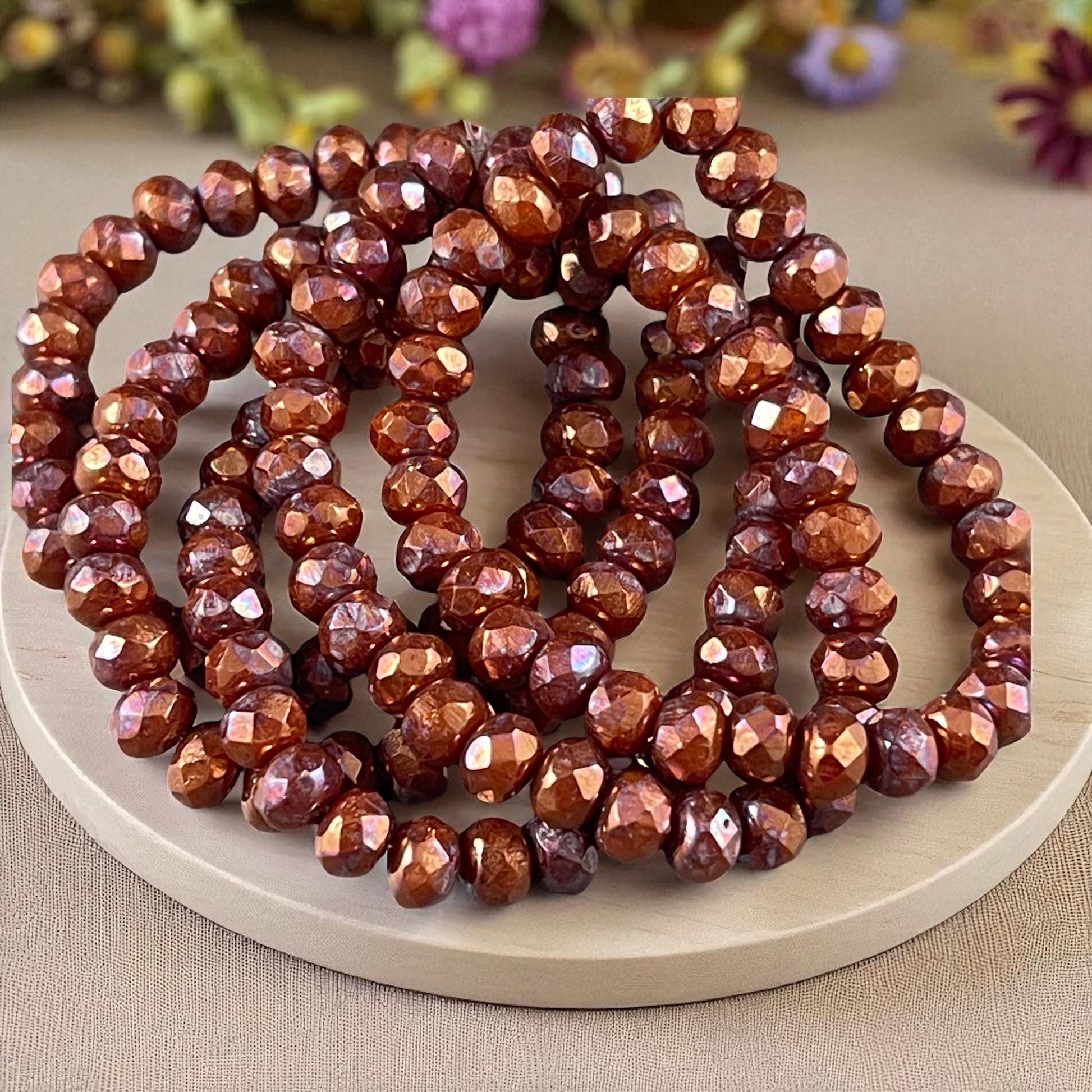 Czech Glass Beads - 5x3mm Faceted Rondelle, Metallic Copper with Raiku Patina Finish (R5/RJ-2846) * Qty. 30