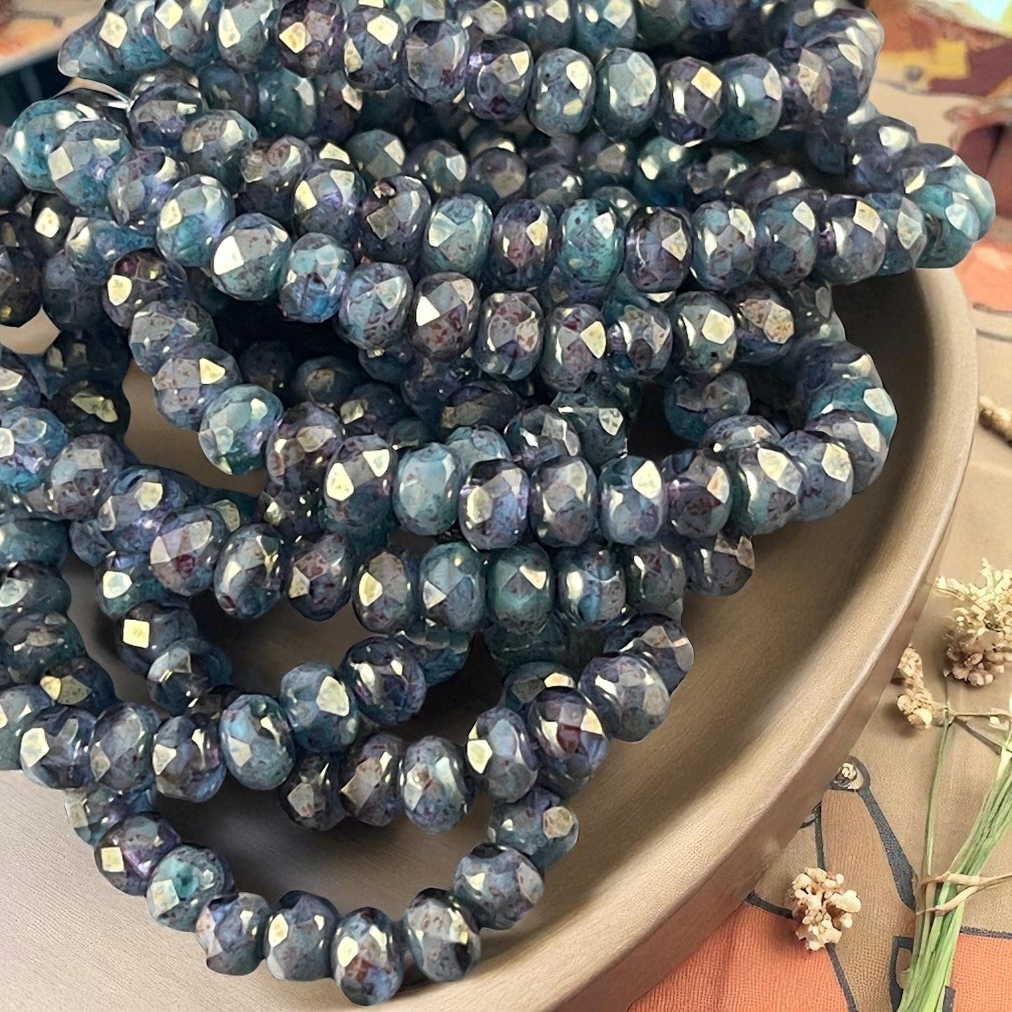 Blue and Purple Faceted Rondelles ~ Czech Glass Beads ~ 5x3mm Rondelle Milky Blue and Transparent Purple with Luster (R5/RJ-2574) * Qty. 30