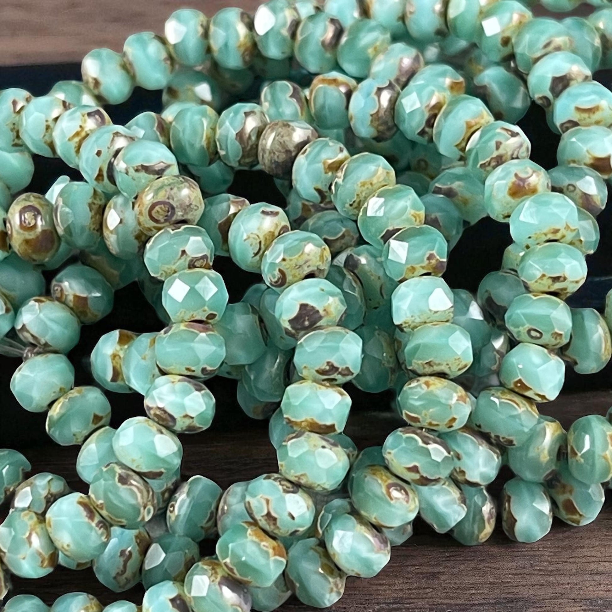 Czech Glass Beads - 5x3mm Faceted Rondelle Beads, Aqua Opaline and Silk Picasso (R5/RJ-2856) * Qty 30