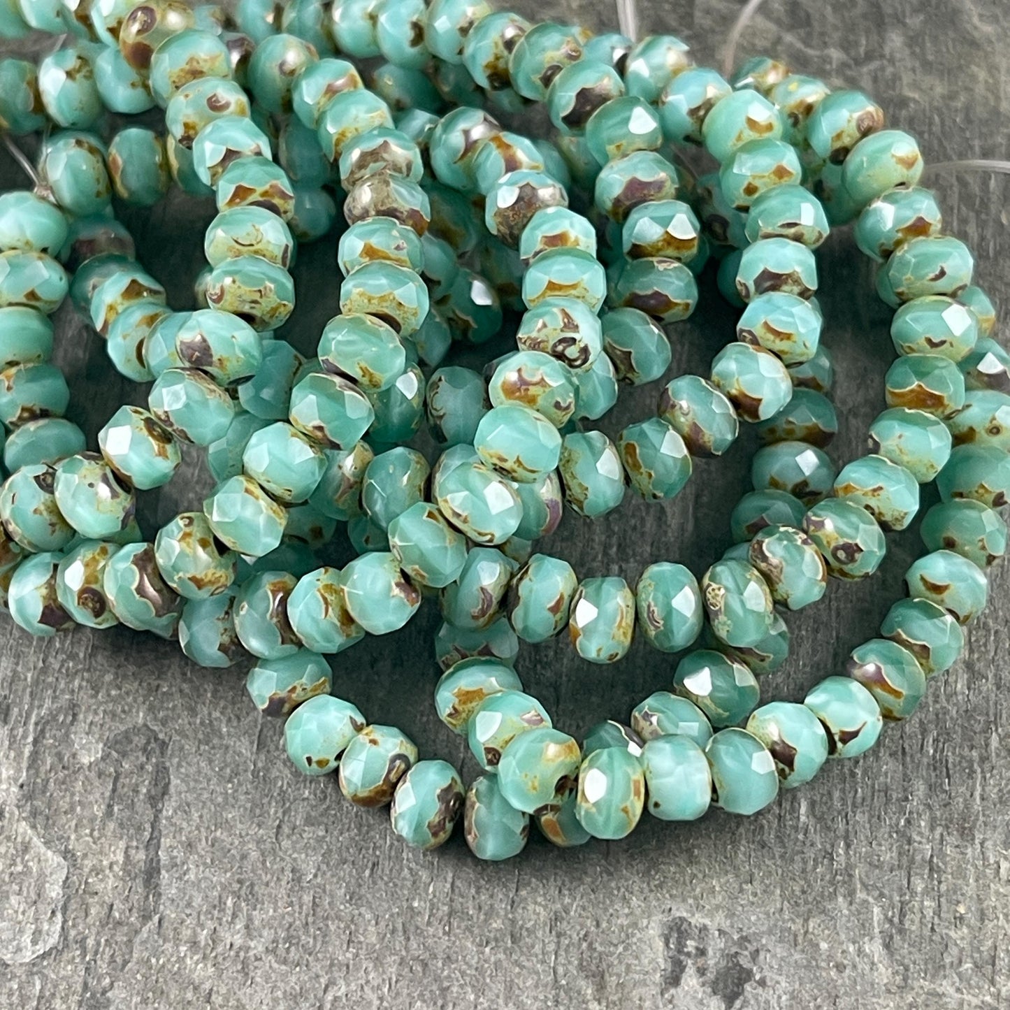 Czech Glass Beads - 5x3mm Faceted Rondelle Beads, Aqua Opaline and Silk Picasso (R5/RJ-2856) * Qty 30