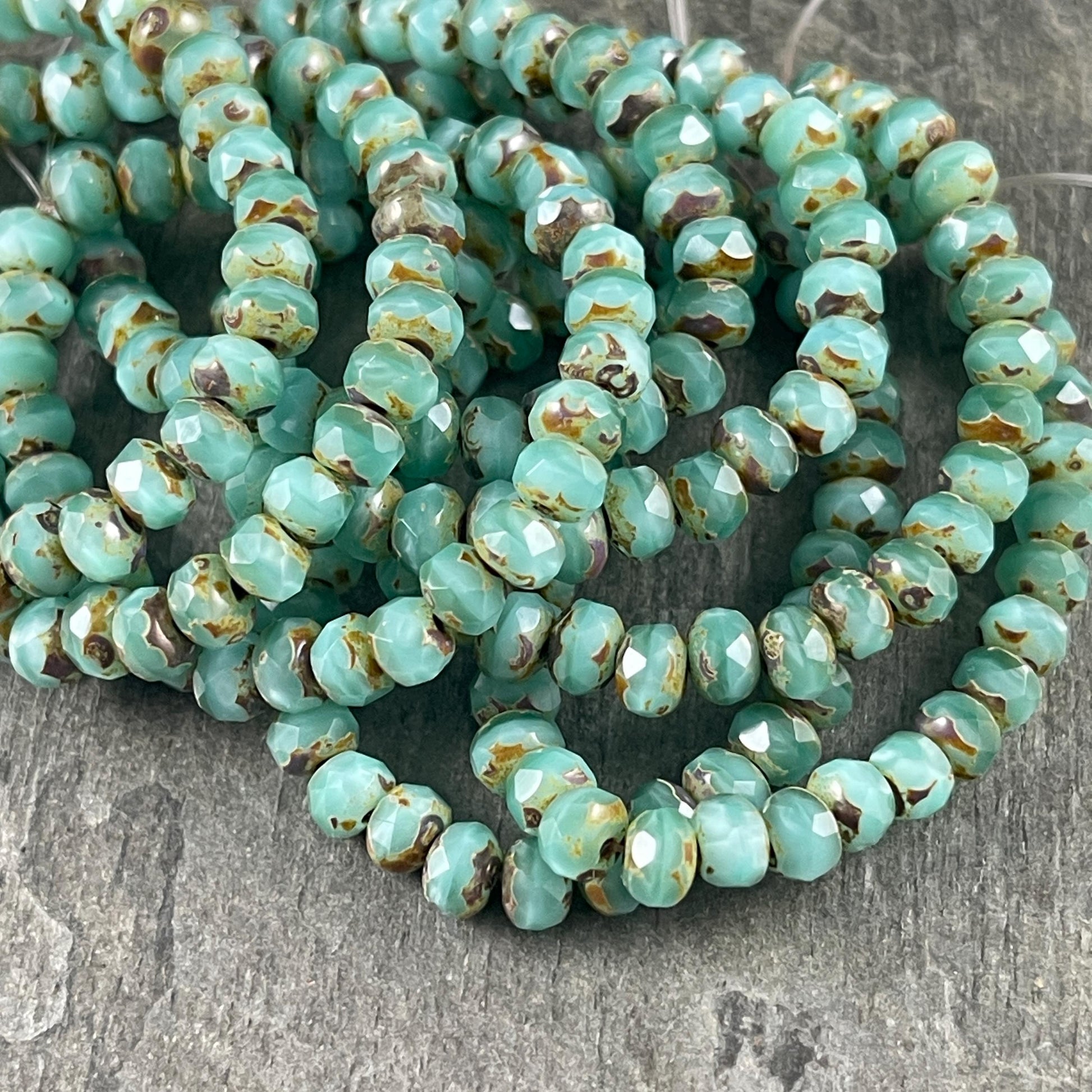 Czech Glass Beads - 5x3mm Faceted Rondelle Beads, Aqua Opaline and Silk Picasso (R5/RJ-2856) * Qty 30