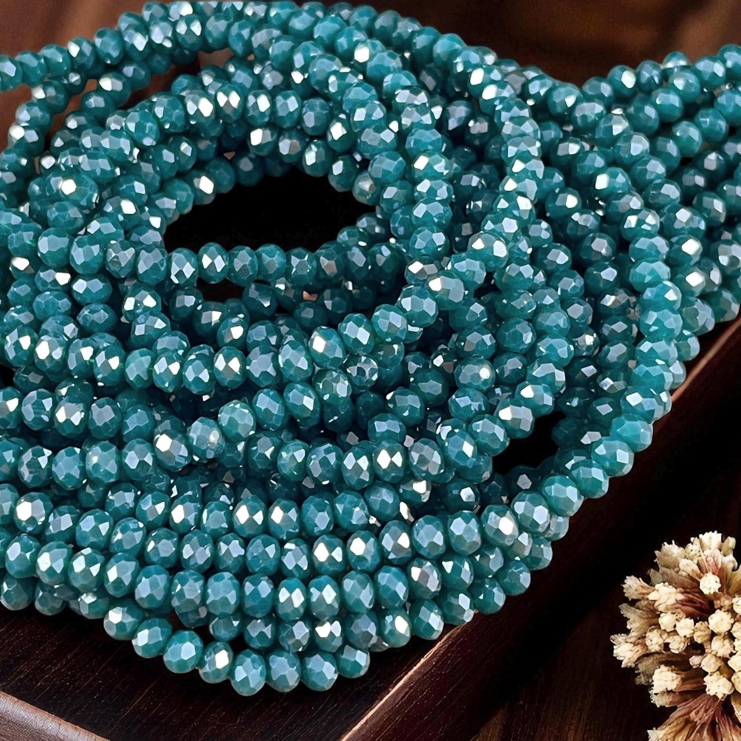 Opaque Teal Blue 4x3mm Faceted Glass Beads, Dark Teal Rondelles (DkTeal-4) * 100 Beads