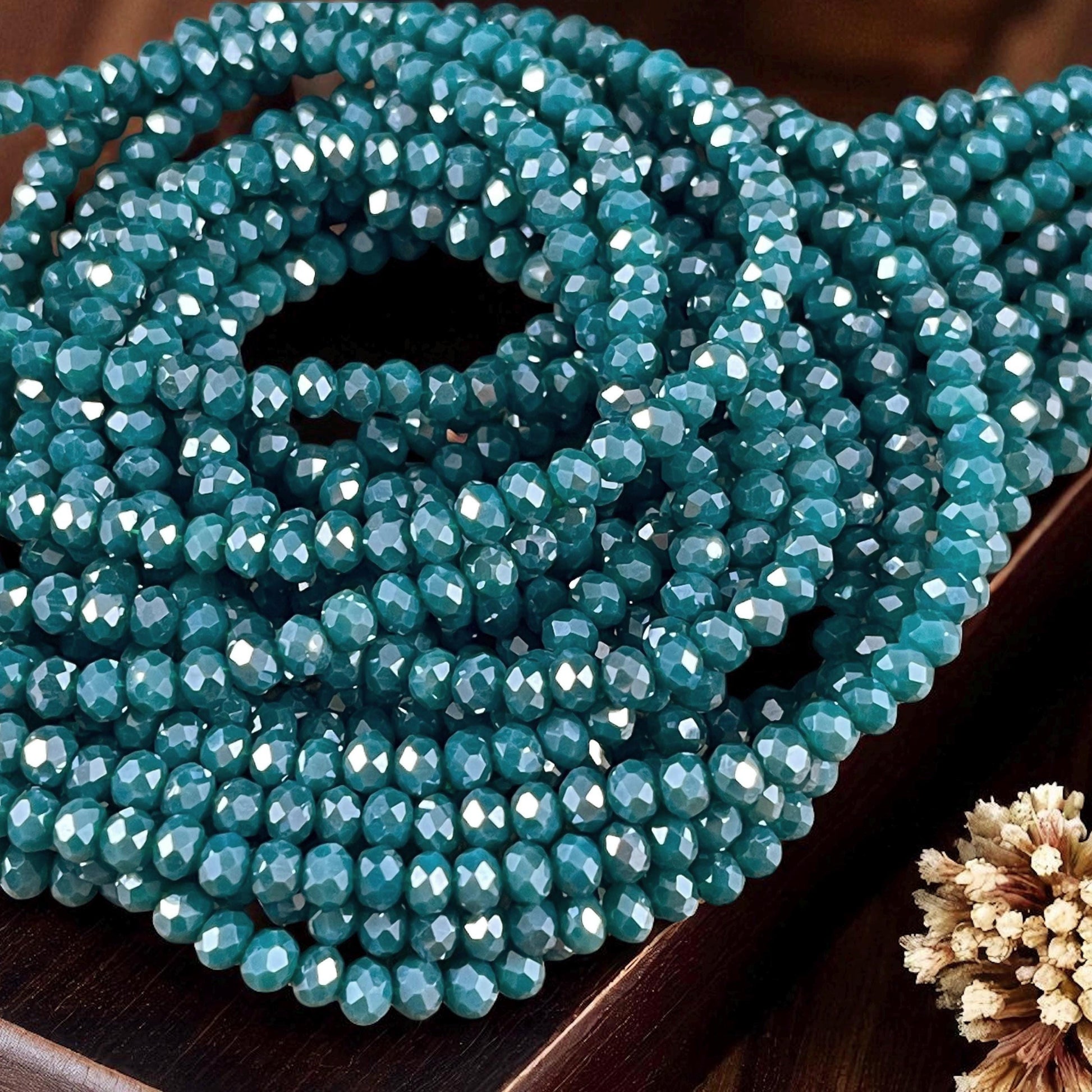 Opaque Teal Blue 4x3mm Faceted Glass Beads, Dark Teal Rondelles (DkTeal-4) * 100 Beads