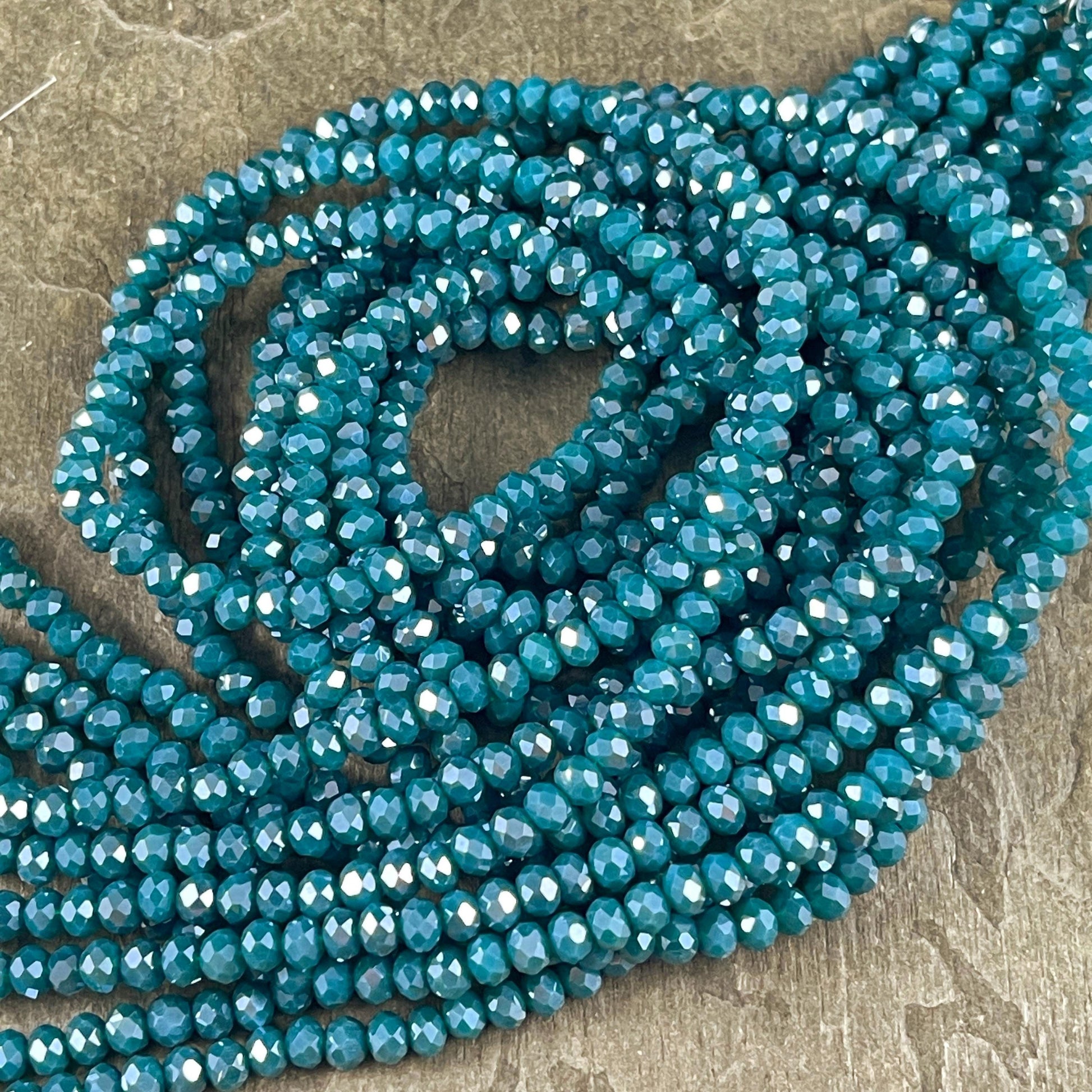Opaque Teal Blue 4x3mm Faceted Glass Beads, Dark Teal Rondelles (DkTeal-4) * 100 Beads