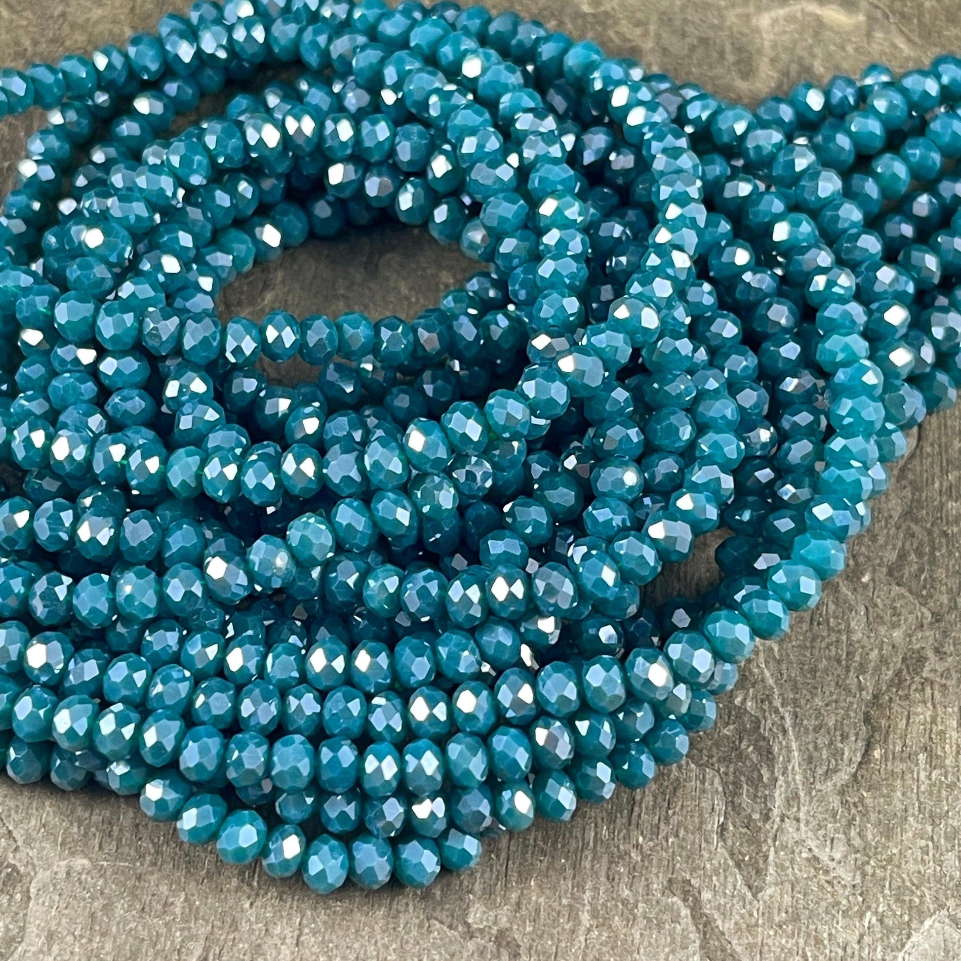 Opaque Teal Blue 4x3mm Faceted Glass Beads, Dark Teal Rondelles (DkTeal-4) * 100 Beads