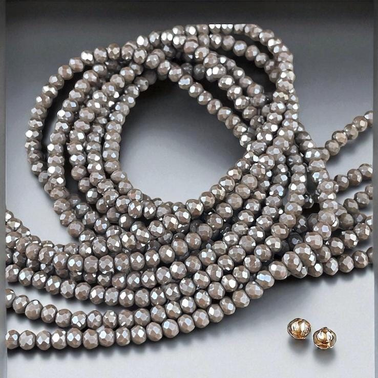 Dark Grey 4x3mm Faceted Glass Beads, Fossil Gray Glass with AB Finish (SlateAB-4) * 100 Beads