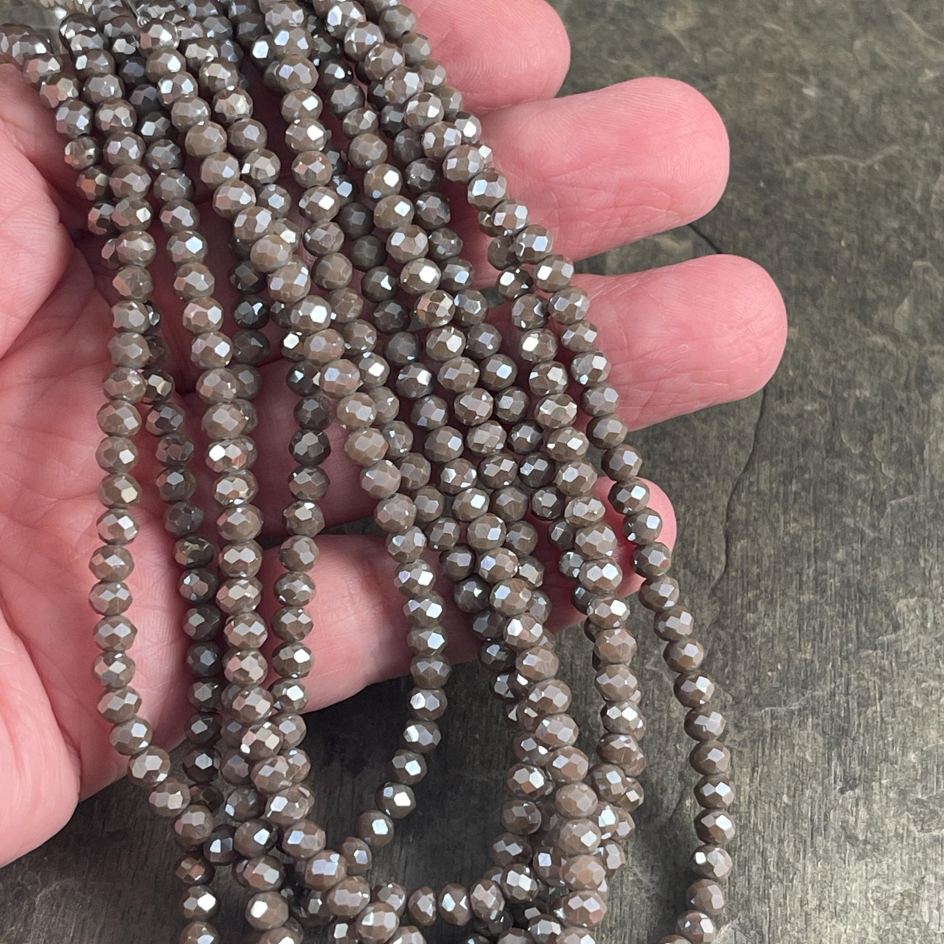 Dark Grey 4x3mm Faceted Glass Beads, Fossil Gray Glass with AB Finish (SlateAB-4) * 100 Beads