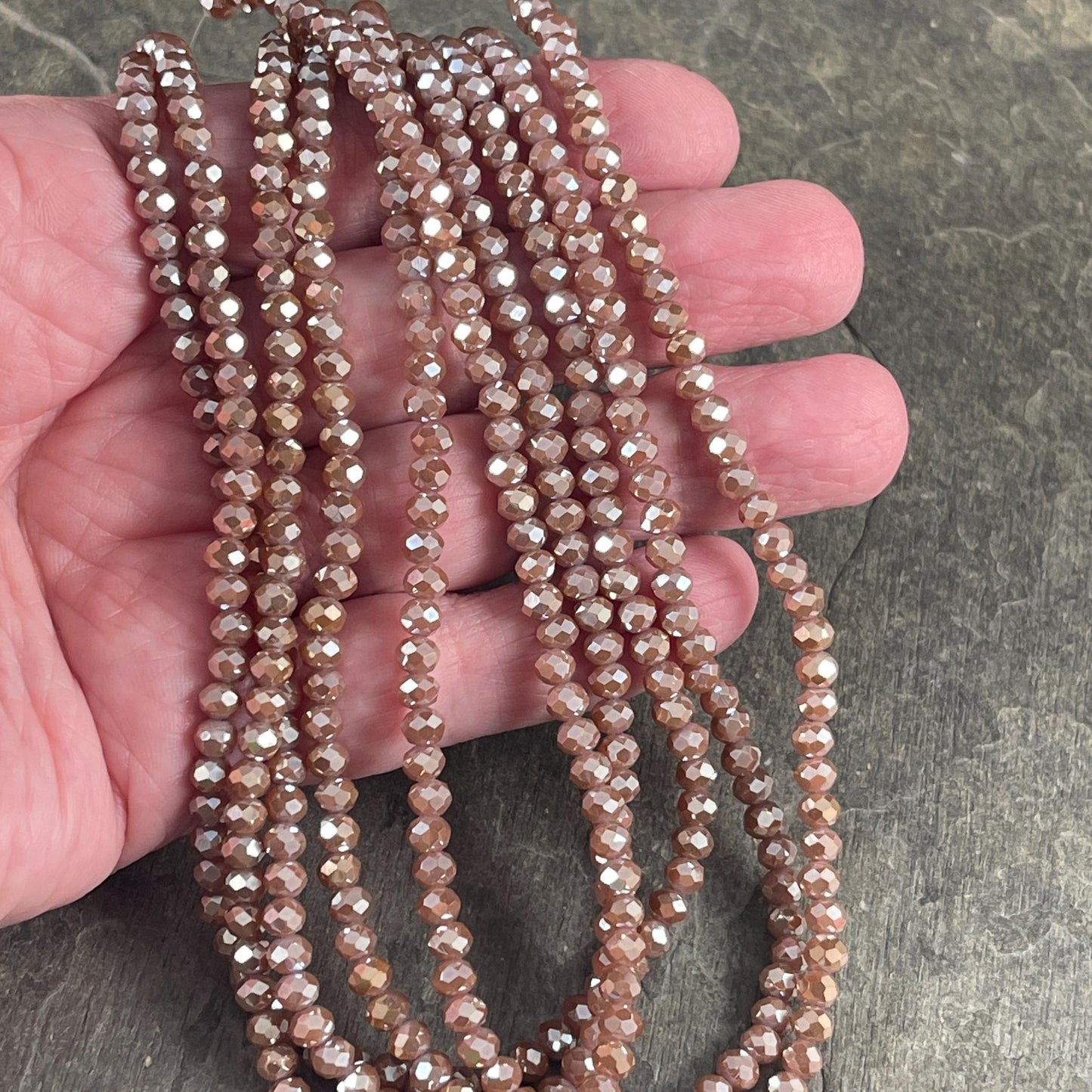 Light Brown 4x3mm Faceted Glass Beads, Opaque Mocha with AB Finish (MochaAB-4) * 100 Beads