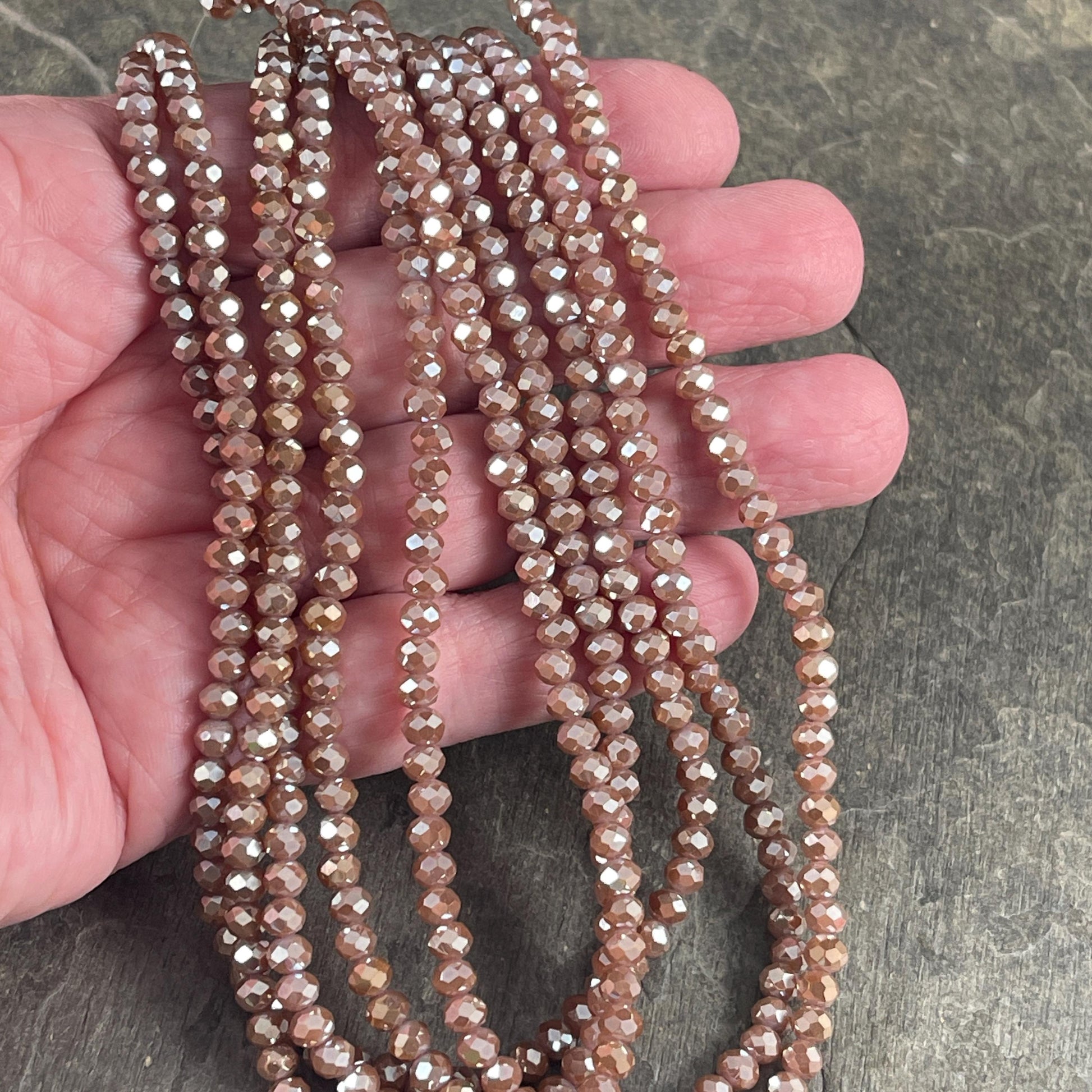 Light Brown 4x3mm Faceted Glass Beads, Opaque Mocha with AB Finish (MochaAB-4) * 100 Beads