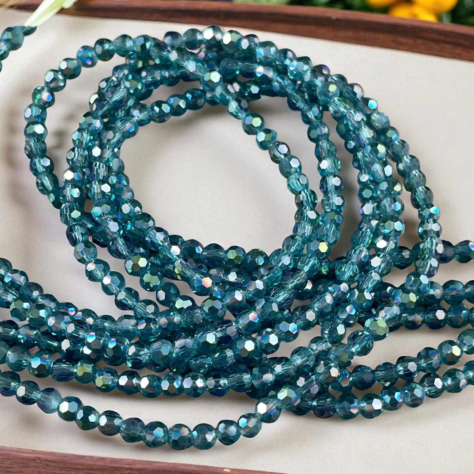 Transparent Teal Blue 4mm Round Faceted Glass Beads, Teal with AB Finish (TealAB-4) * 90 Beads
