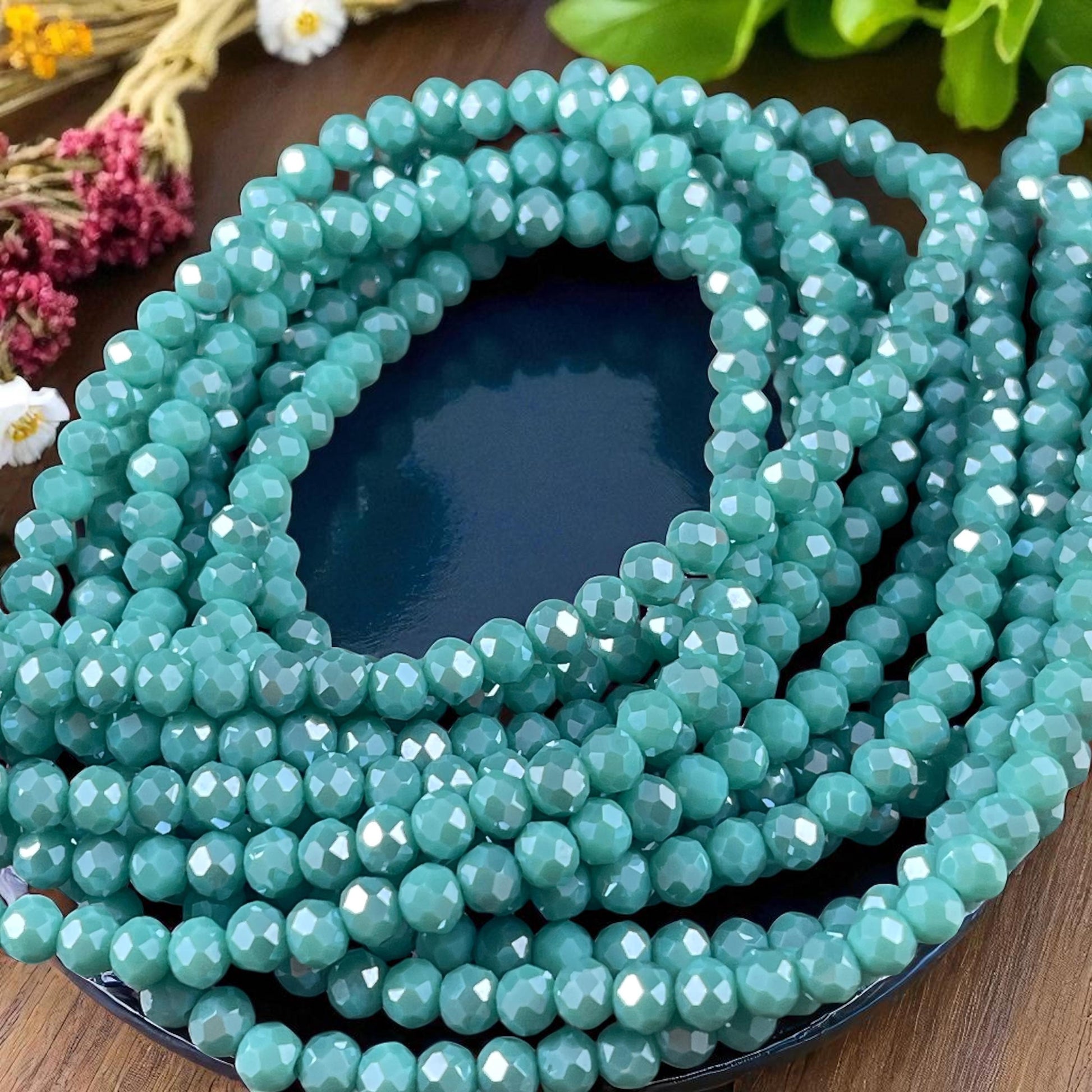 Turquoise Blue 4x3mm Faceted Glass Beads, Opaque Turquoise with AB Finish (TurquoiseAB-4) * 100 Beads