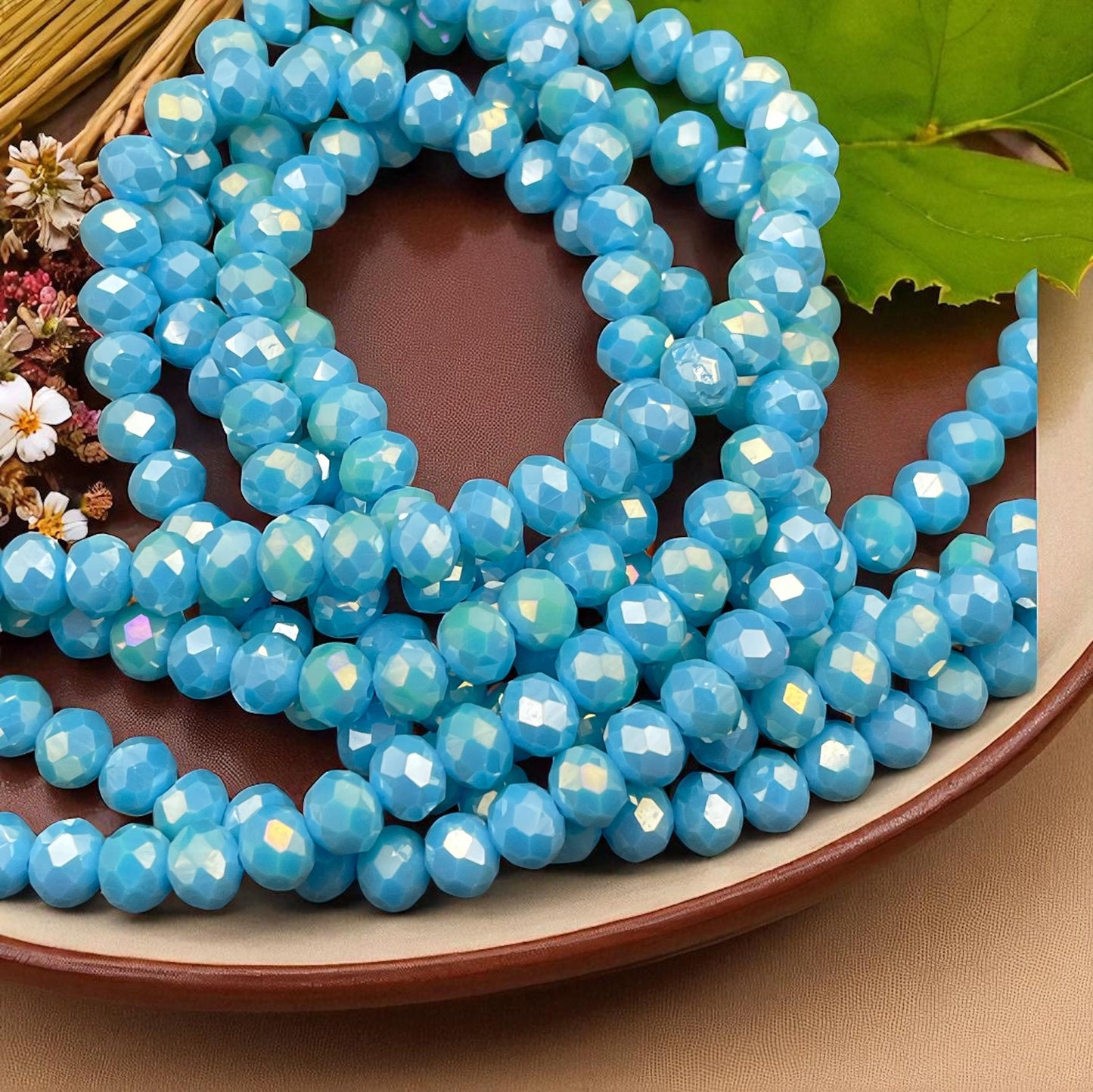 Opaque Blue 8x6mm Rondelle, Sky Blue Faceted Glass Beads with AB Finish (SkyBlueAB-8) * 36 Beads