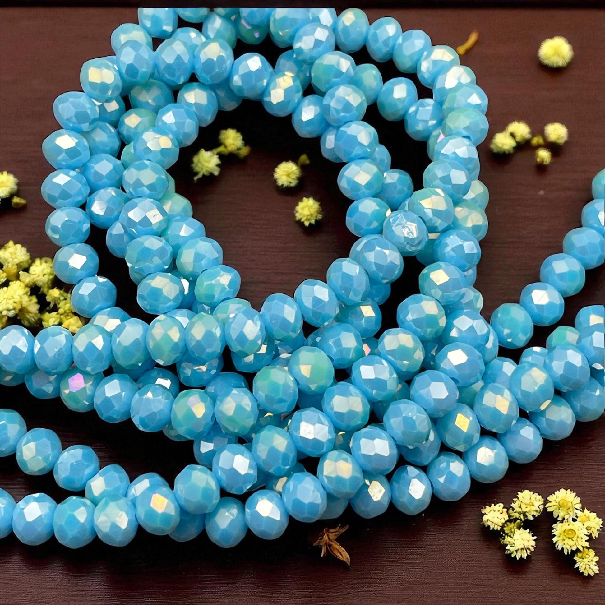 Opaque Blue 8x6mm Rondelle, Sky Blue Faceted Glass Beads with AB Finish (SkyBlueAB-8) * 36 Beads