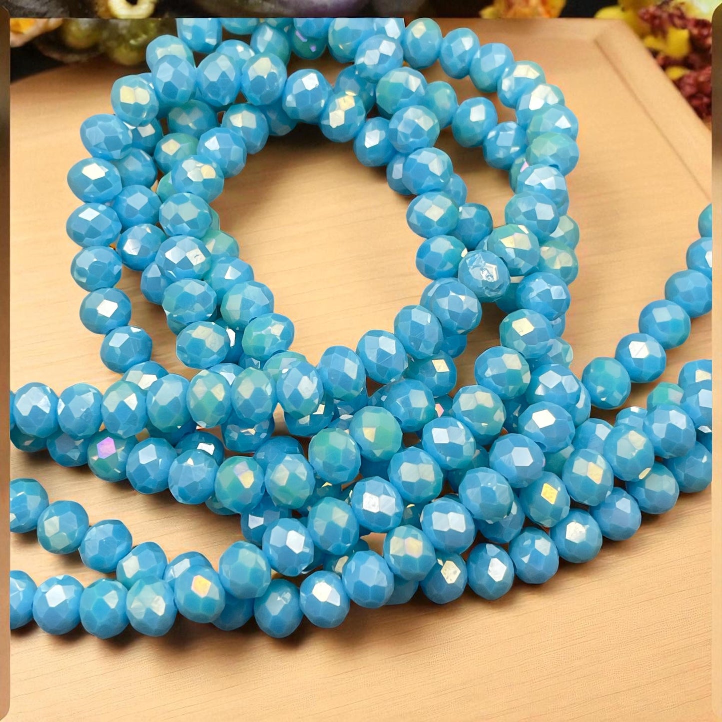 Opaque Blue 8x6mm Rondelle, Sky Blue Faceted Glass Beads with AB Finish (SkyBlueAB-8) * 36 Beads