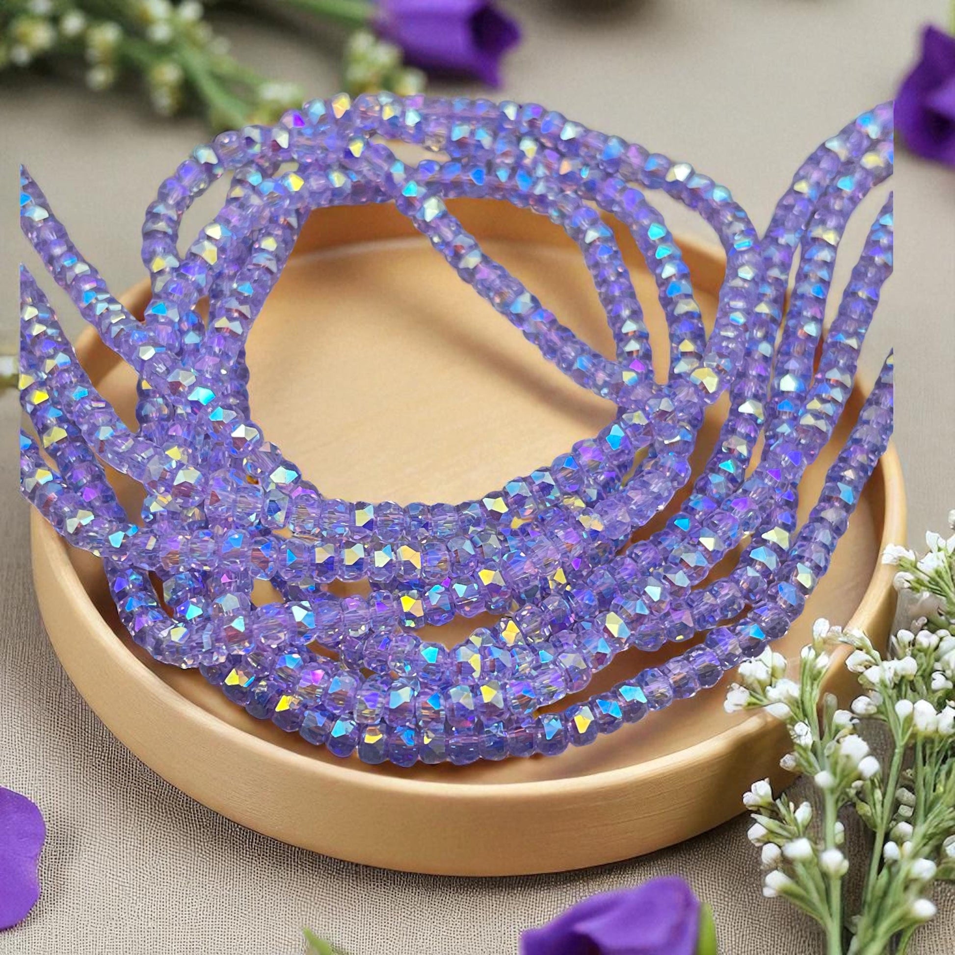 Faceted Glass Beads - 4x2.5mm Heishi Rondelles, Transparent Thistle, Pale Purple with Rainbow AB Finish (Thistle-AB) * 7" Strand