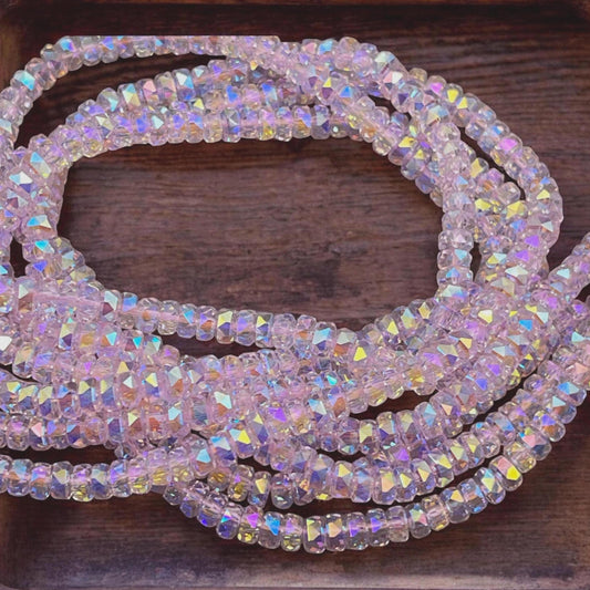 Faceted Glass Beads - 4x2.5mm Heishi Rondelles, Transparent Light Pink with AB Finish (LtPink-AB) * 7" Strand