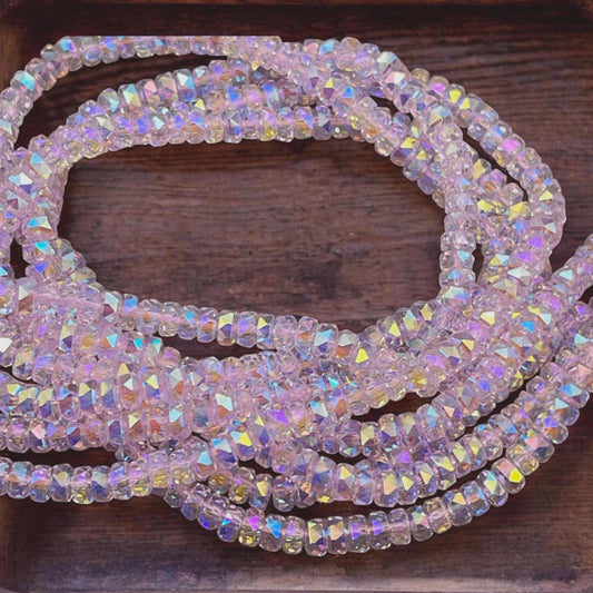 Faceted Glass Beads - 4x2.5mm Heishi Rondelles, Transparent Light Pink with AB Finish (LtPink-AB) * 7" Strand