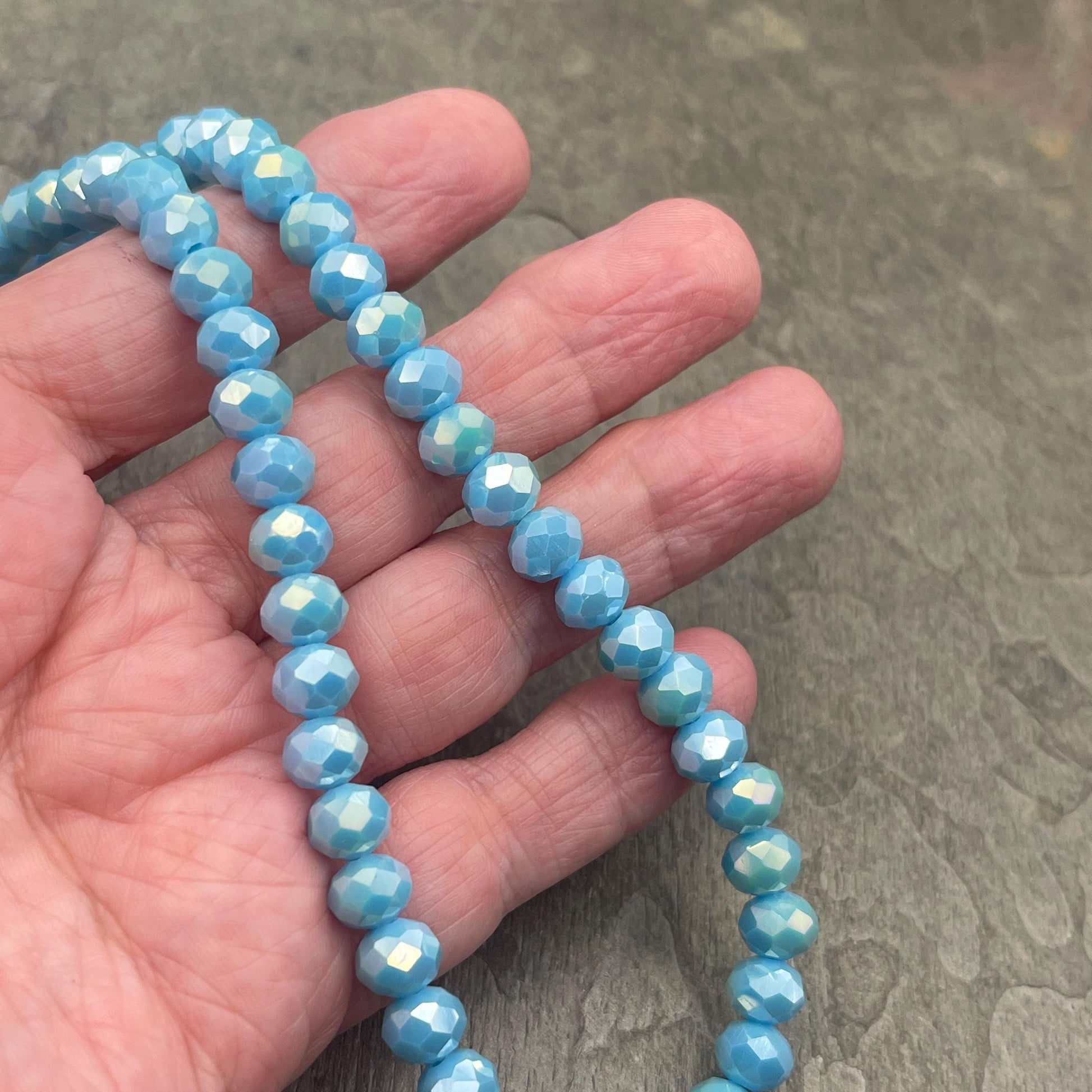 Opaque Blue 8x6mm Rondelle, Sky Blue Faceted Glass Beads with AB Finish (SkyBlueAB-8) * 36 Beads