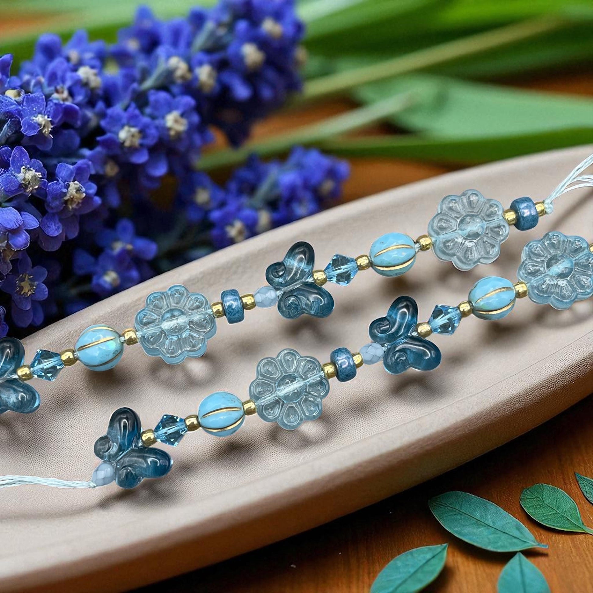Blue Nature Theme Glass Beads - Butterflies and Flowers with Coordinating Czech Glass and Crystal Beads - Custom Mix - (CB89.14)
