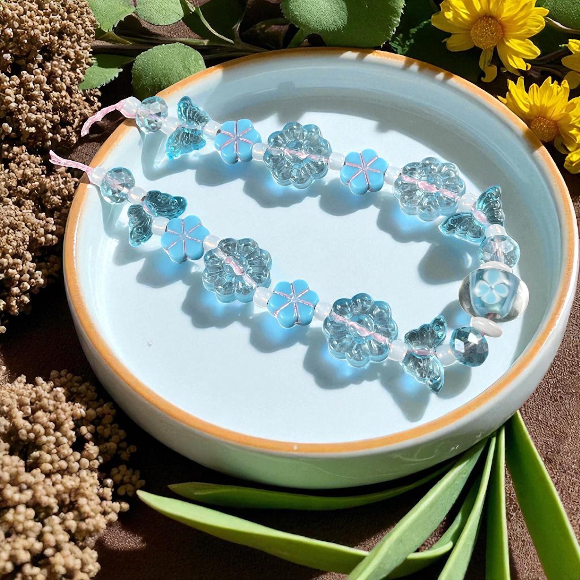 Butterfly and Flower Beads - Light Blue, Nature Theme, Lampwork and Czech Glass Beads - Custom Mix * (CB829.2)