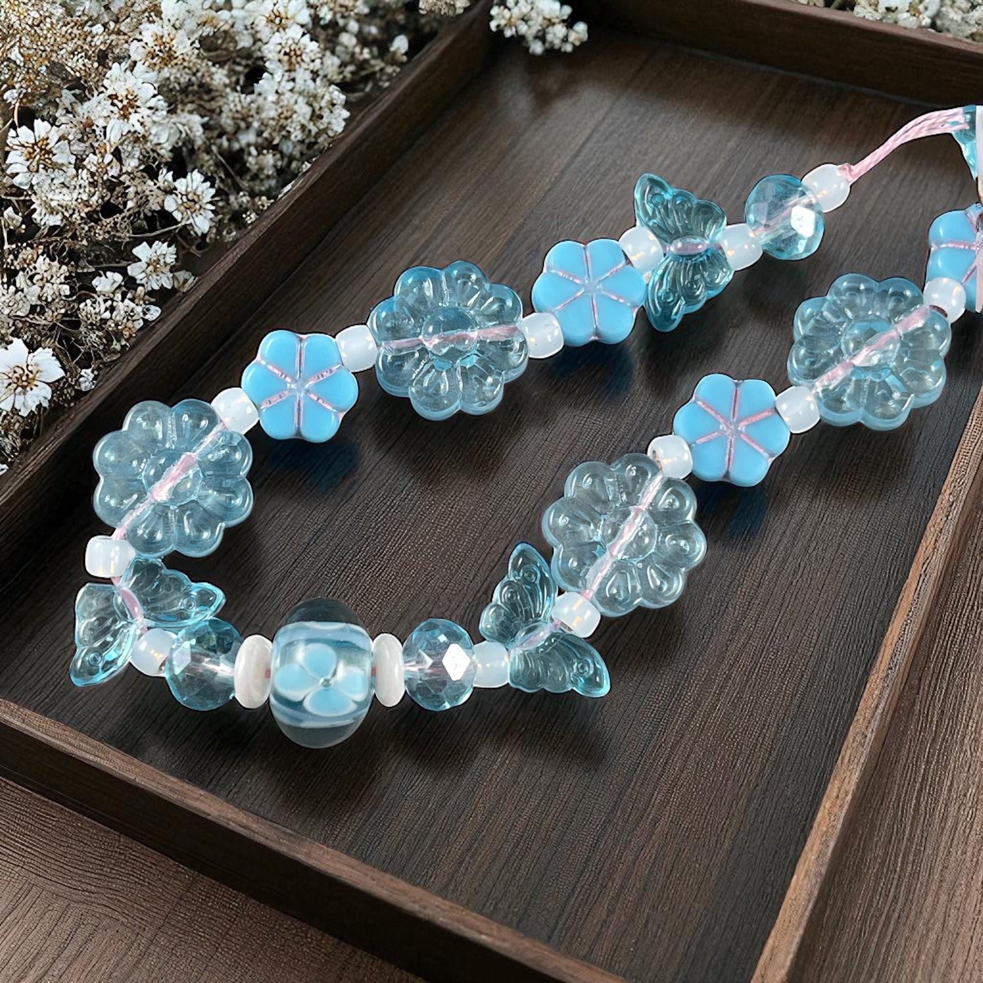 Butterfly and Flower Beads - Light Blue, Nature Theme, Lampwork and Czech Glass Beads - Custom Mix * (CB829.2)