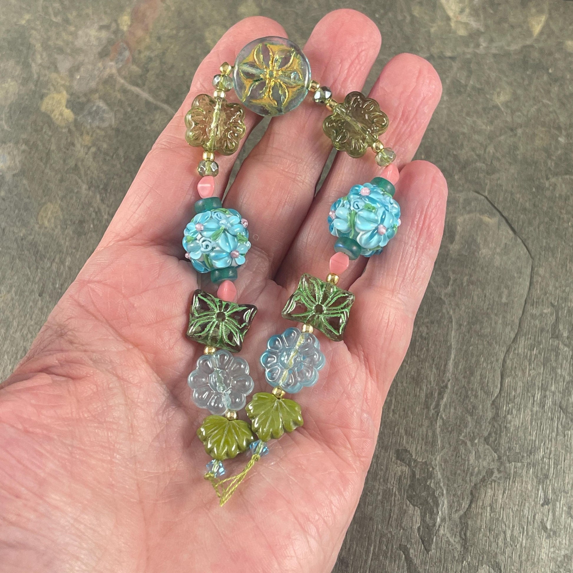 Czech Glass Beads with Lampwork Glass, Light Blue and Olive Green Nature Theme with Flowers and Butterflies * (CB829.11)