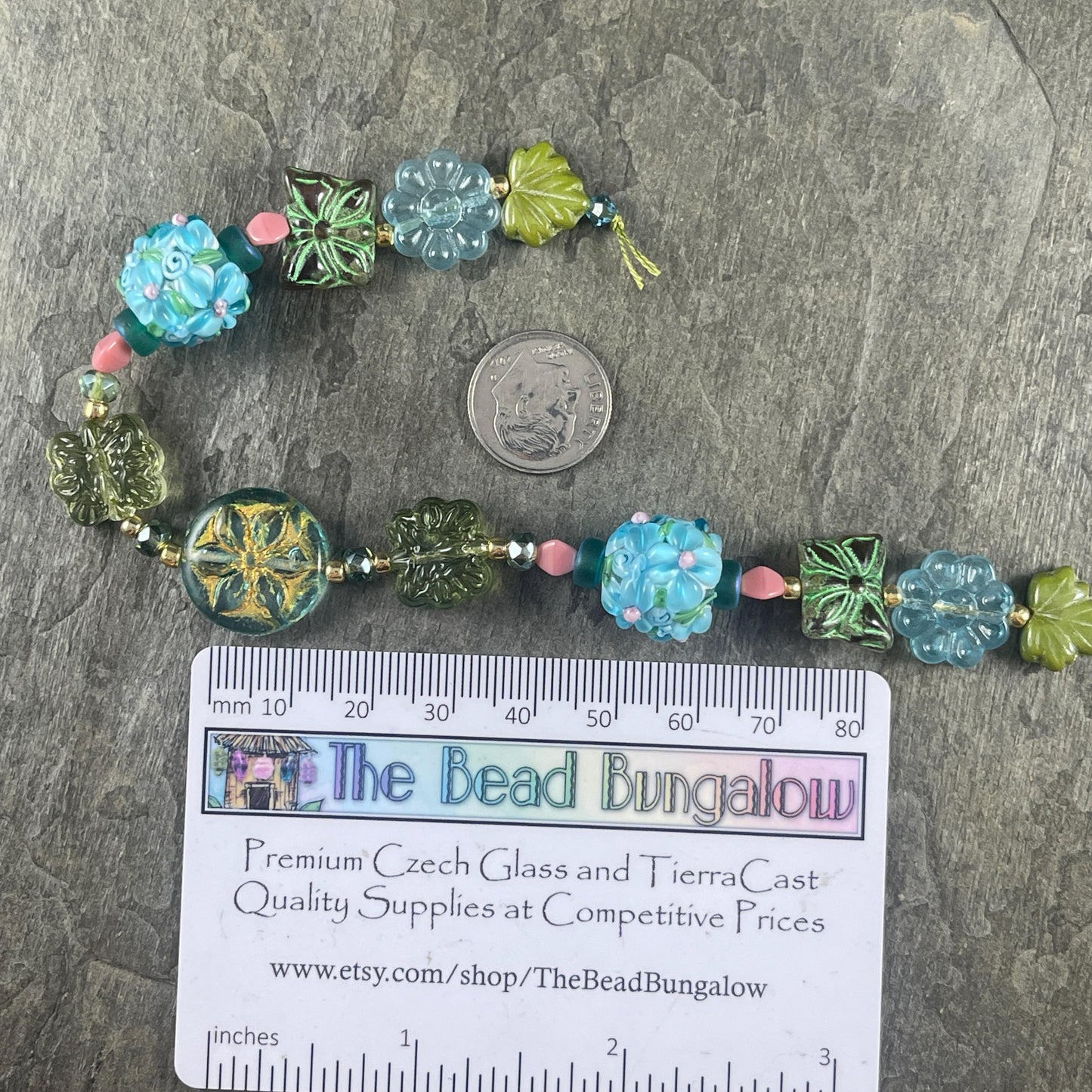 Czech Glass Beads with Lampwork Glass, Light Blue and Olive Green Nature Theme with Flowers and Butterflies * (CB829.11)