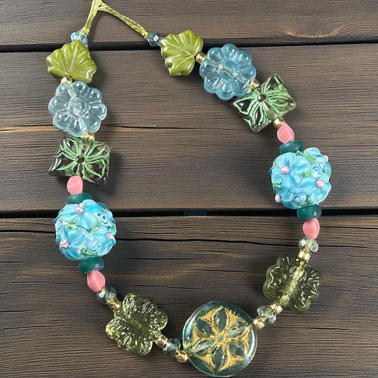 Czech Glass Beads with Lampwork Glass, Light Blue and Olive Green Nature Theme with Flowers and Butterflies * (CB829.11)