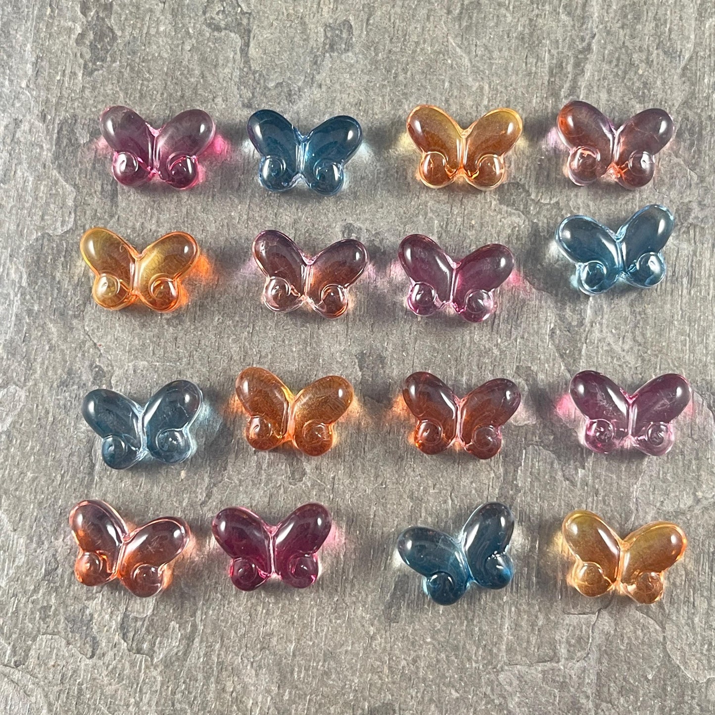 Colorful Mix of Glass Butterfly Beads, Blue, Pink, Orange, Purple - 14mm Puffy Butterfly Bead Pairs * Qty. 16