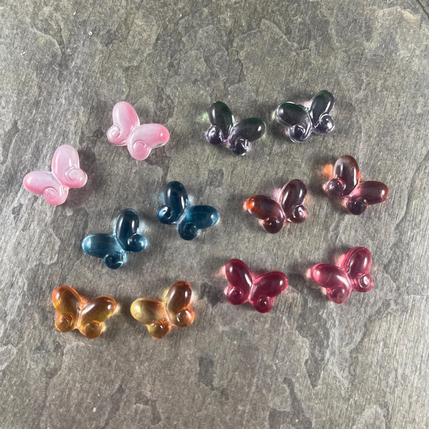 Colorful Mix of Glass Butterfly Beads, Blue, Pink, Orange, Green, Purple - 14mm Puffy Butterfly Bead Pairs * Qty. 12