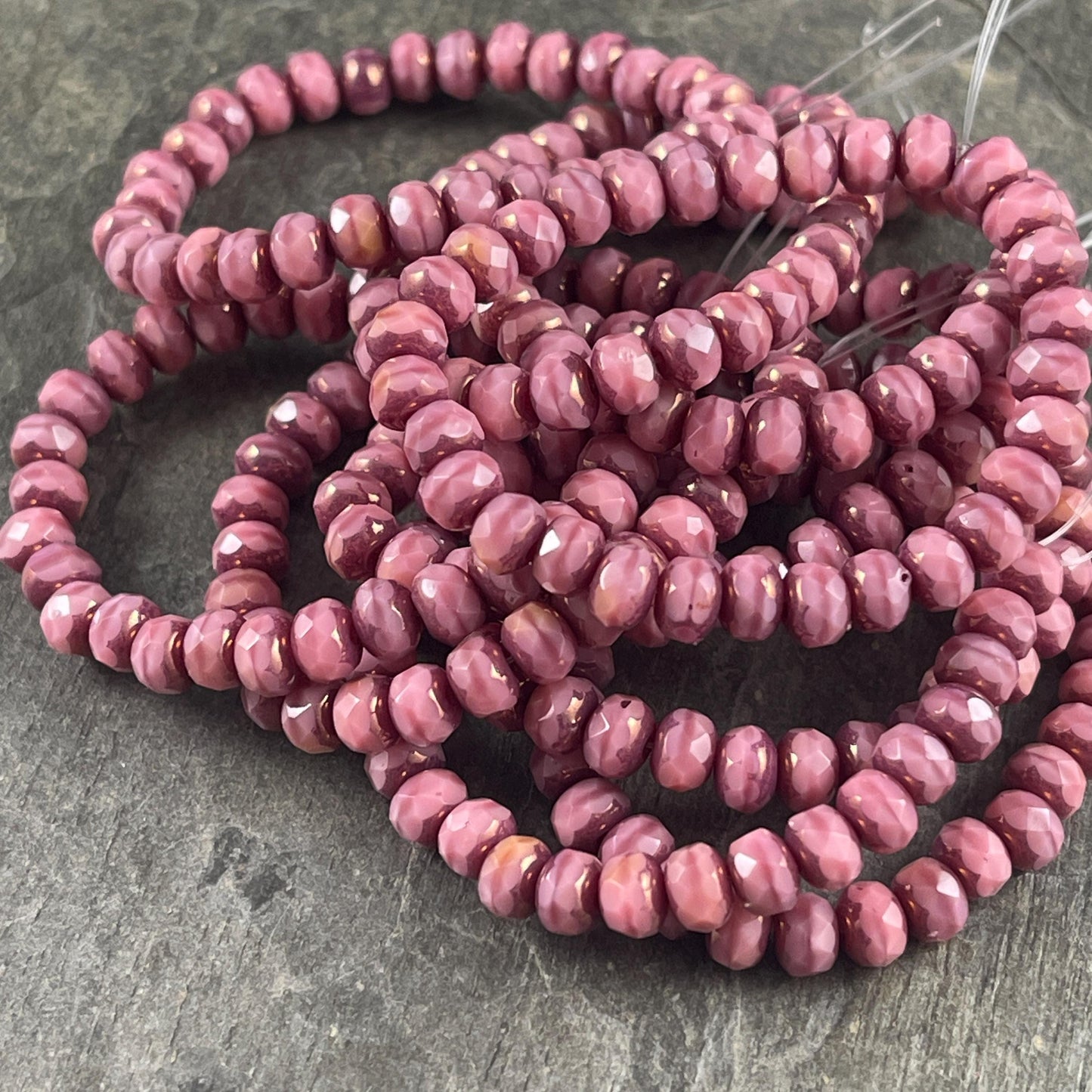 Czech Glass Beads - 5x3mm Faceted Rondelle, Dusty Pink Silk with Bronze Picasso (R5/RJ-2816) * Qty. 30