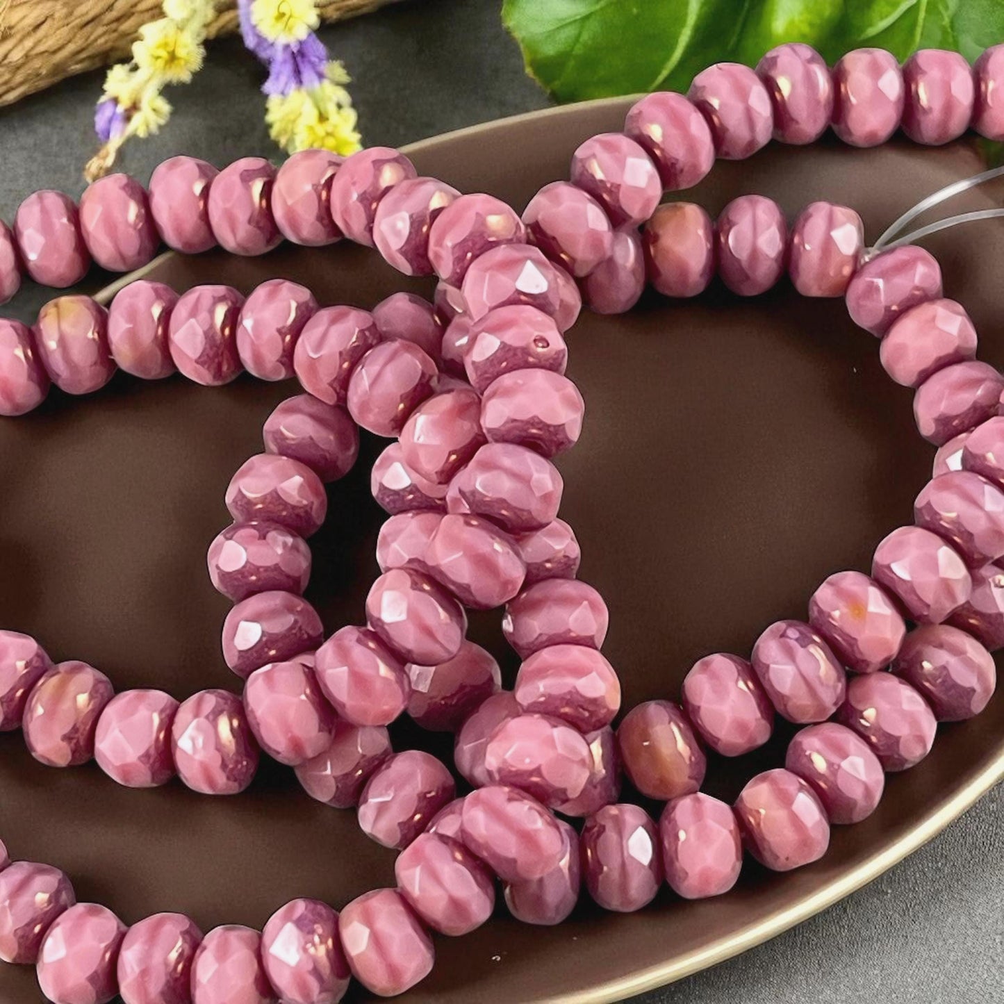 Czech Glass Beads - 5x3mm Faceted Rondelle, Dusty Pink Silk with Bronze Picasso (R5/RJ-2816) * Qty. 30