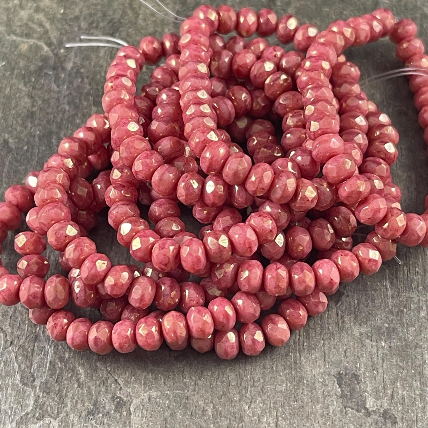 Czech Glass Beads - 5x3mm Faceted Rondelle, Salmon Pink with Golden Luster (R5/RJ-2847) * Qty. 30