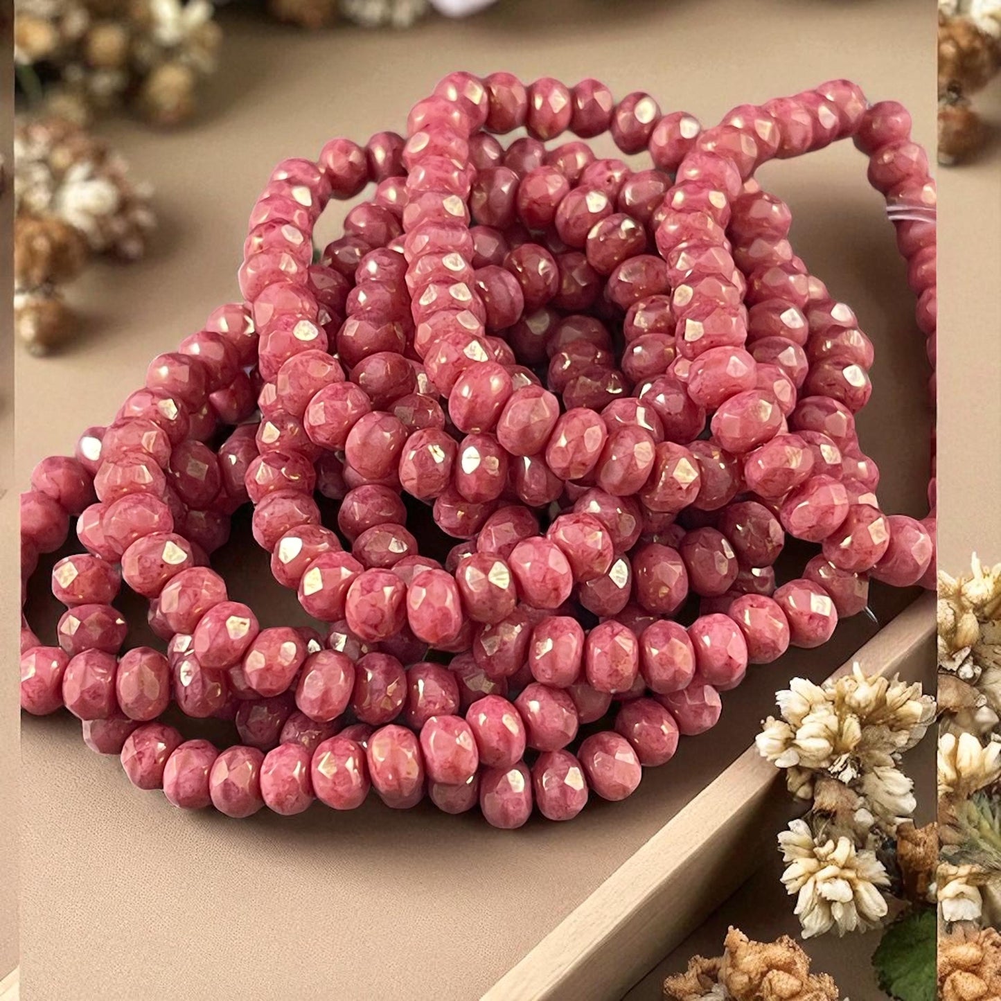 Czech Glass Beads - 5x3mm Faceted Rondelle, Salmon Pink with Golden Luster (R5/RJ-2847) * Qty. 30