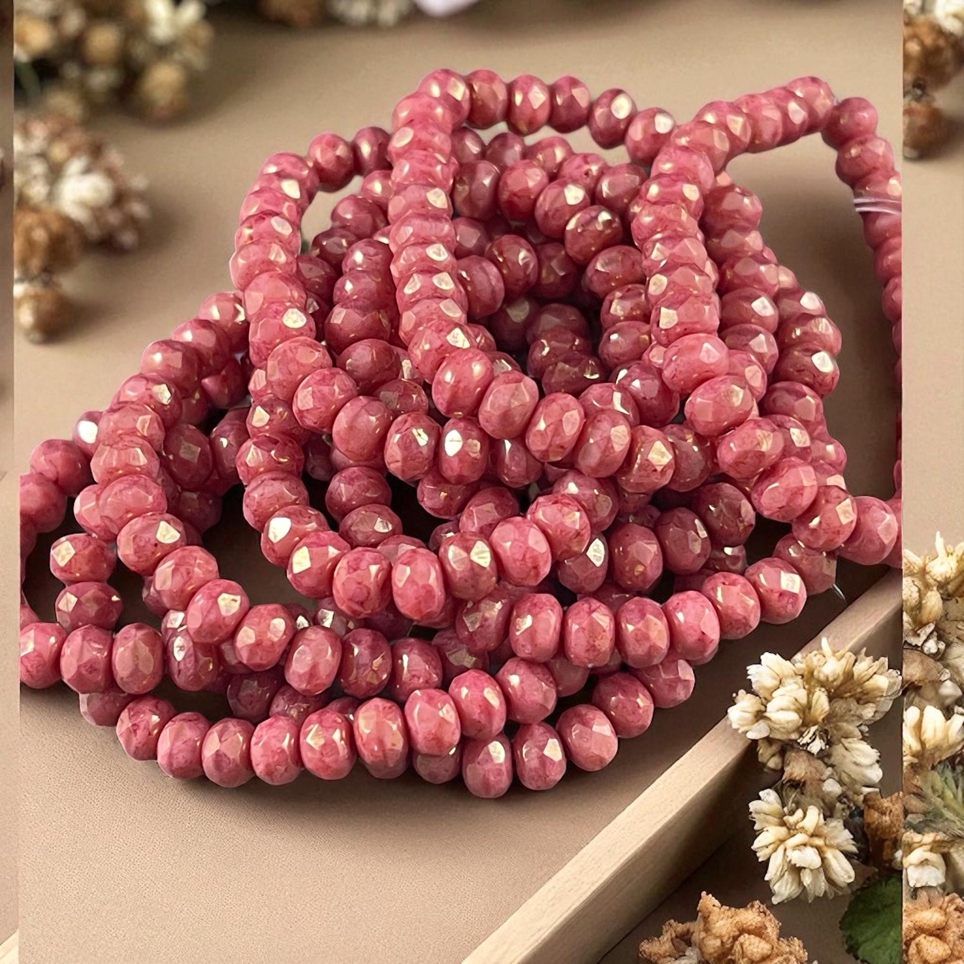 Czech Glass Beads - 5x3mm Faceted Rondelle, Salmon Pink with Golden Luster (R5/RJ-2847) * Qty. 30