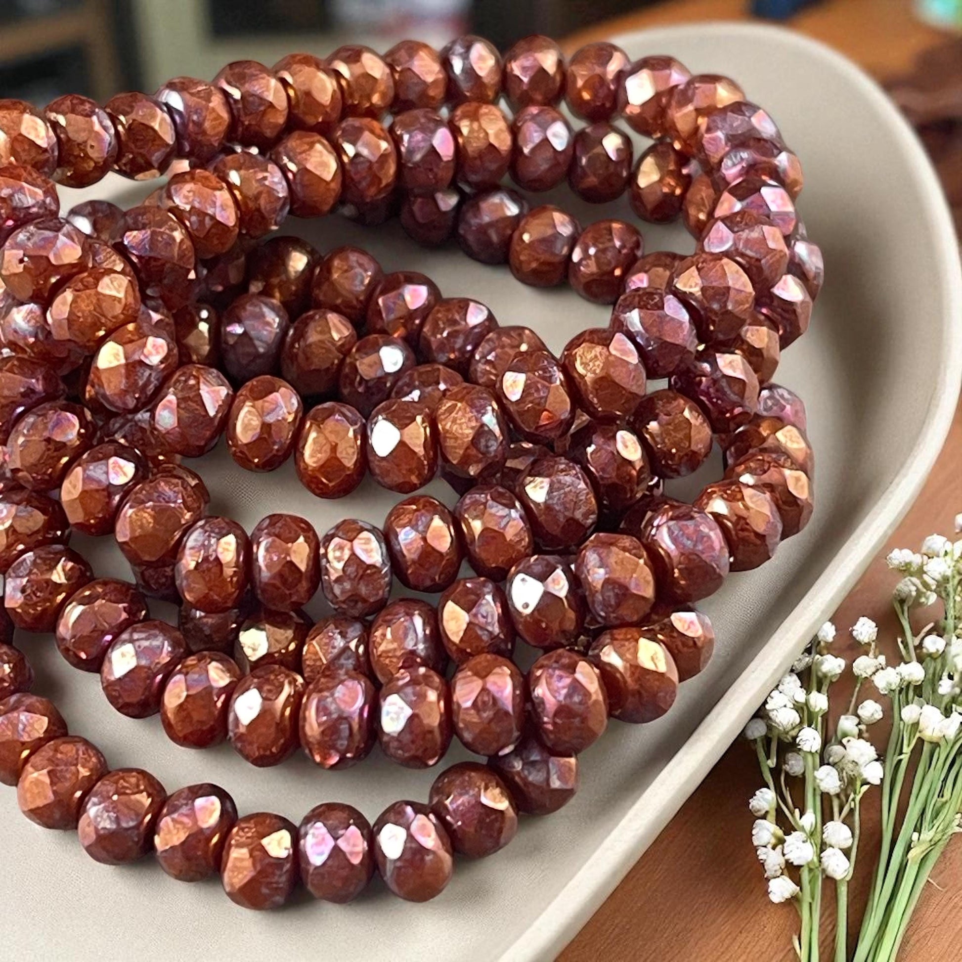 Czech Glass Beads - 5x3mm Faceted Rondelle, Metallic Copper with Raiku Patina Finish (R5/RJ-2846) * Qty. 30
