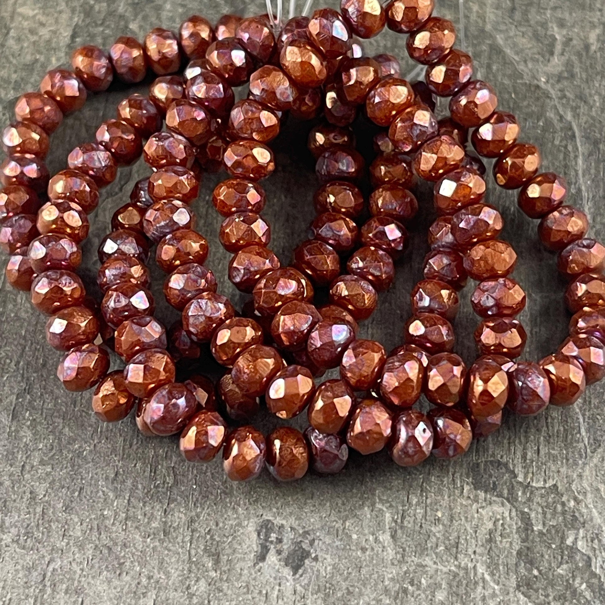 Czech Glass Beads - 5x3mm Faceted Rondelle, Metallic Copper with Raiku Patina Finish (R5/RJ-2846) * Qty. 30