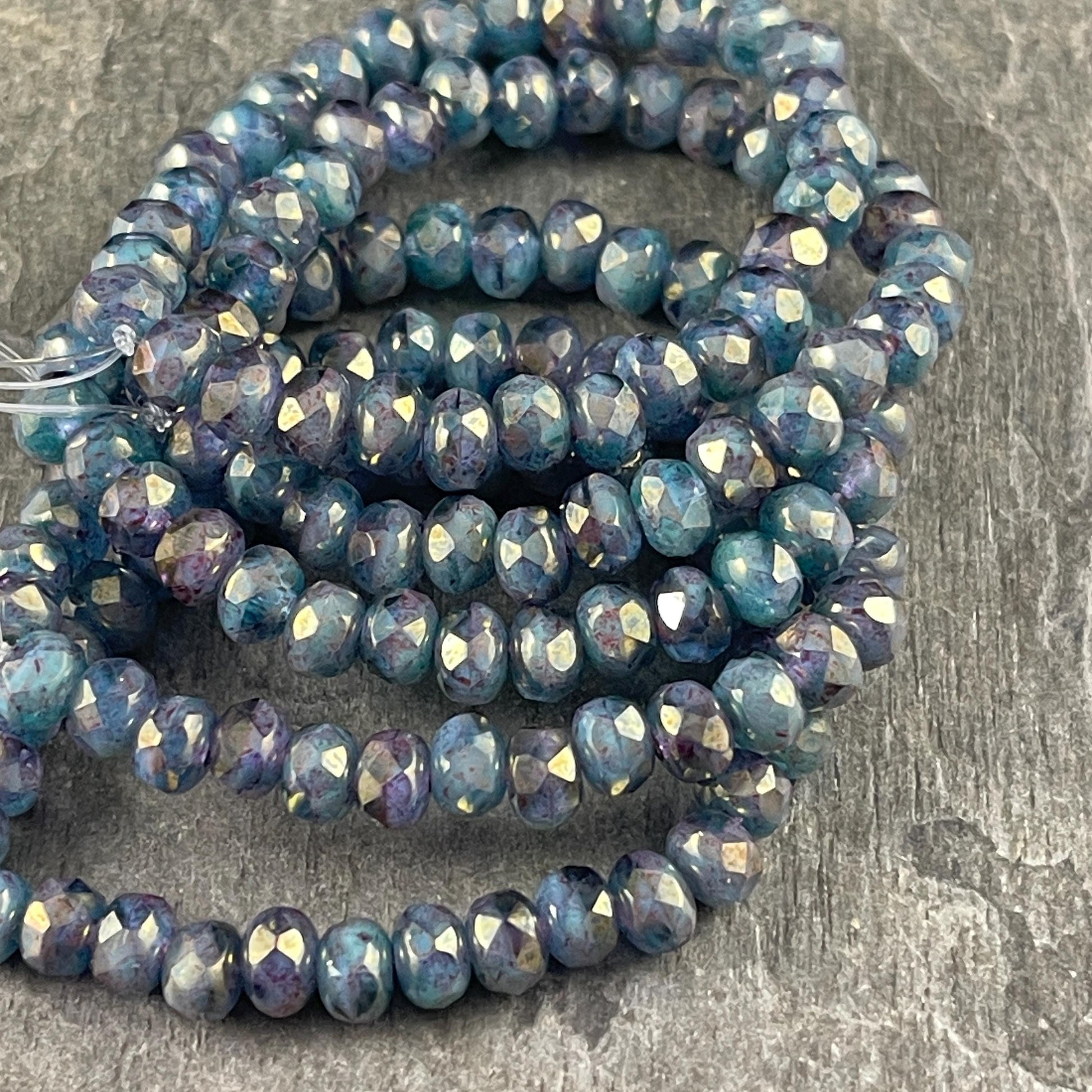 Blue and Purple Faceted Rondelles ~ Czech Glass Beads ~ 5x3mm Rondelle Milky Blue and Transparent Purple with Luster (R5/RJ-2574) * Qty. 30