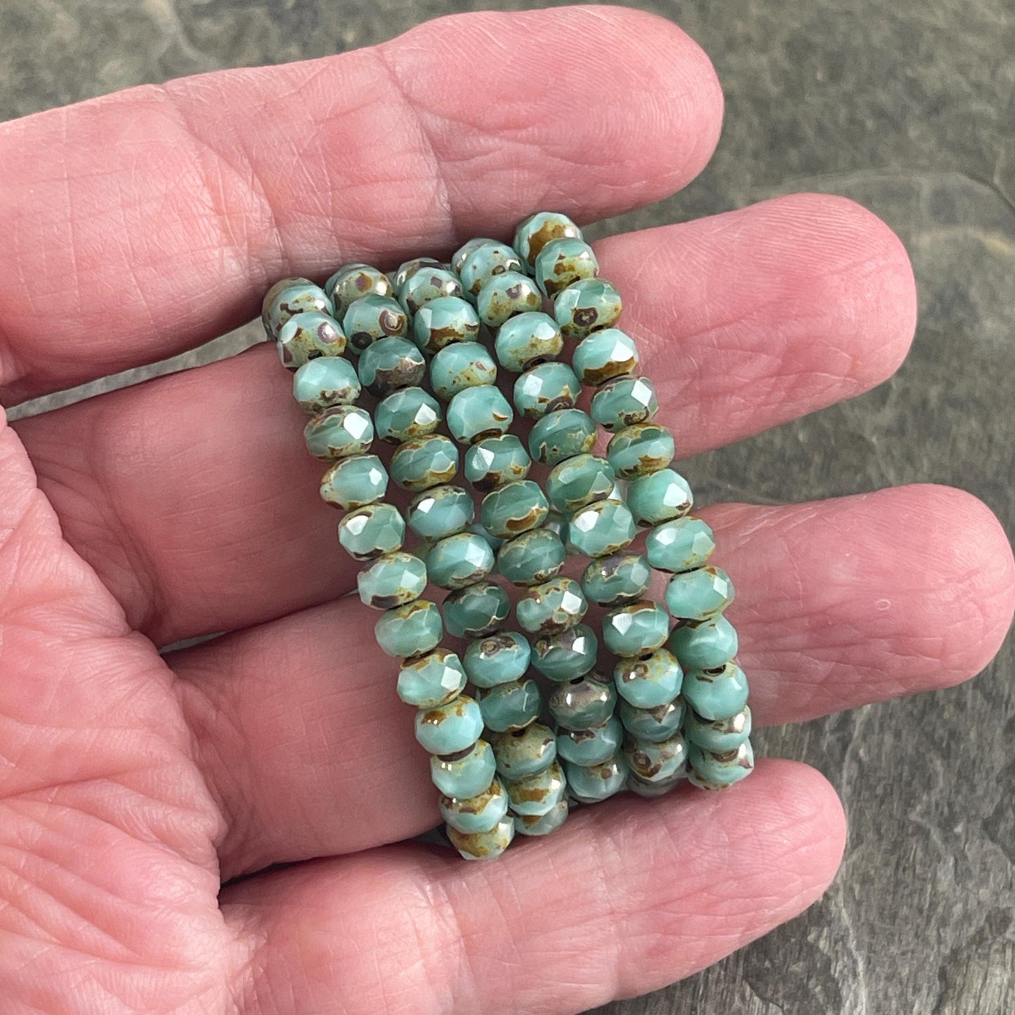 Czech Glass Beads - 5x3mm Faceted Rondelle Beads, Aqua Opaline and Silk Picasso (R5/RJ-2856) * Qty 30