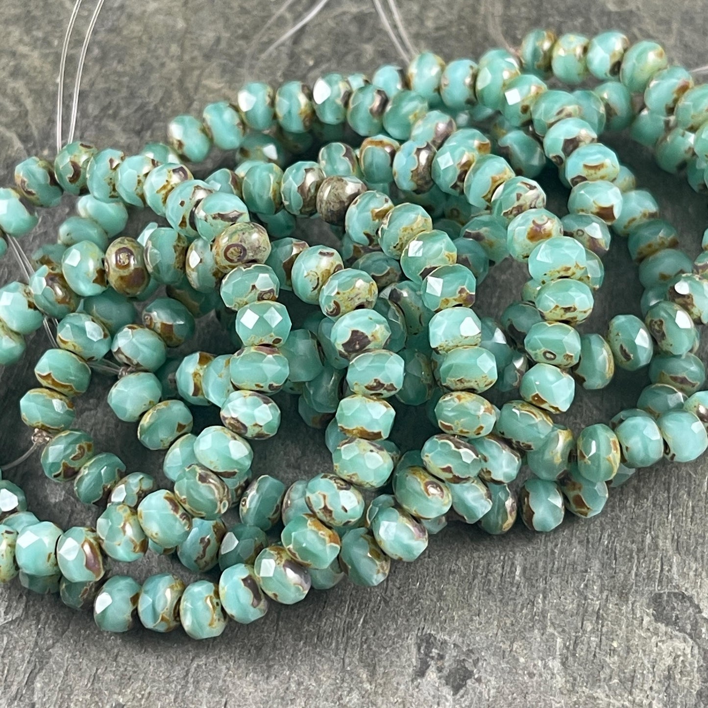 Czech Glass Beads - 5x3mm Faceted Rondelle Beads, Aqua Opaline and Silk Picasso (R5/RJ-2856) * Qty 30
