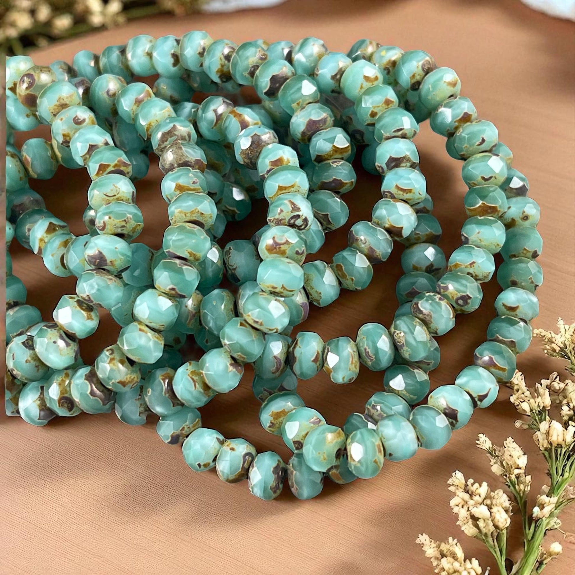 Czech Glass Beads - 5x3mm Faceted Rondelle Beads, Aqua Opaline and Silk Picasso (R5/RJ-2856) * Qty 30