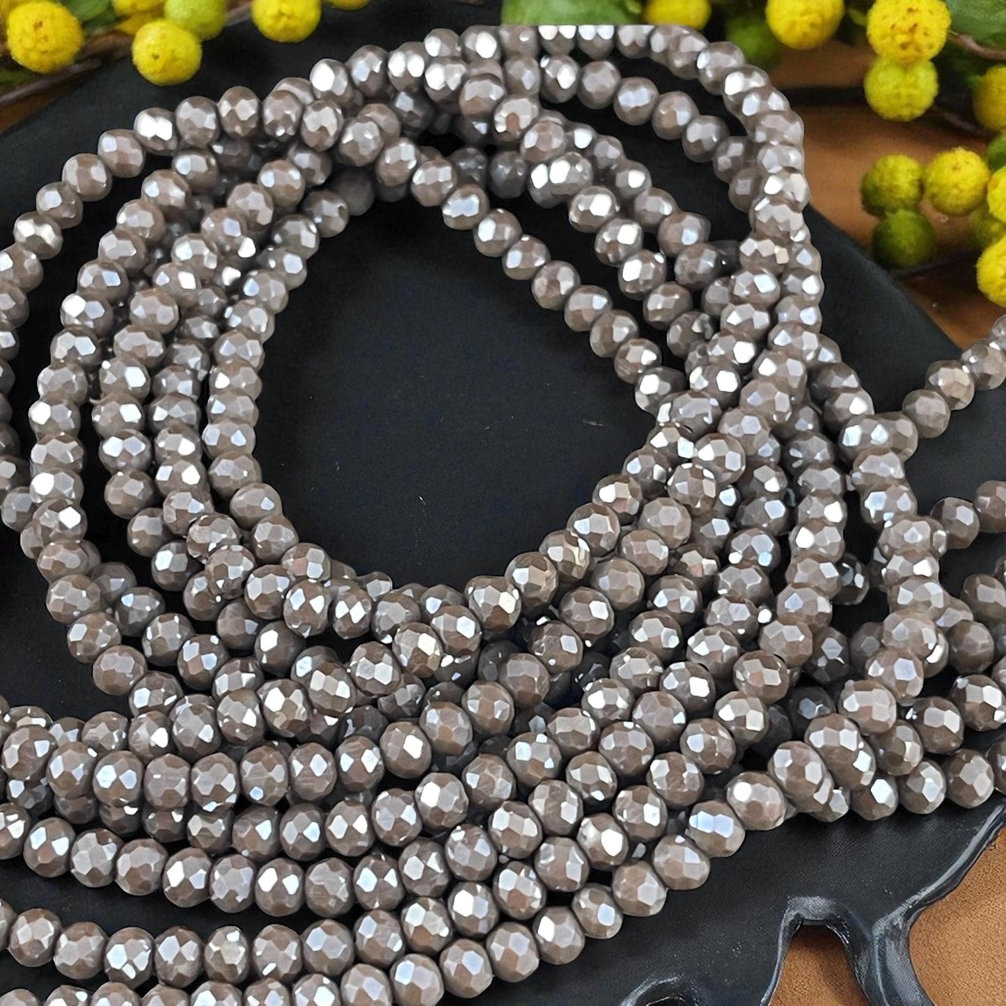 Dark Grey 4x3mm Faceted Glass Beads, Fossil Gray Glass with AB Finish (SlateAB-4) * 100 Beads