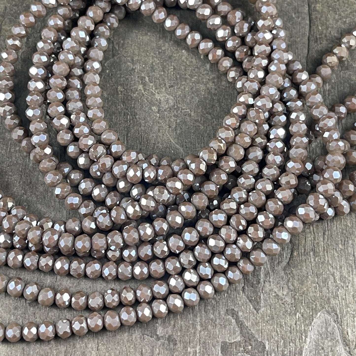 Dark Grey 4x3mm Faceted Glass Beads, Fossil Gray Glass with AB Finish (SlateAB-4) * 100 Beads