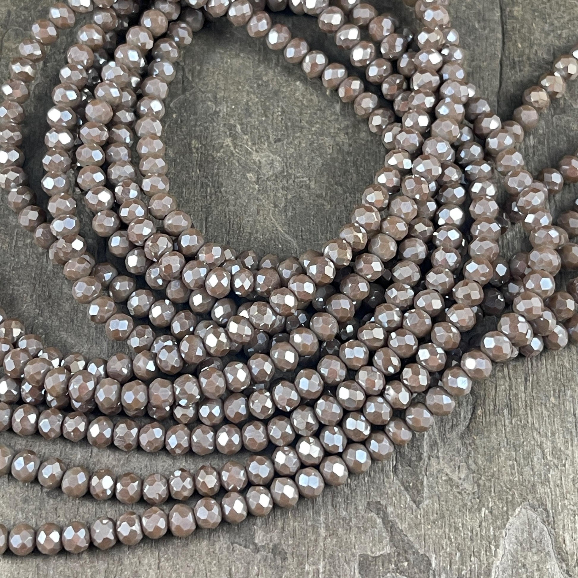 Dark Grey 4x3mm Faceted Glass Beads, Fossil Gray Glass with AB Finish (SlateAB-4) * 100 Beads